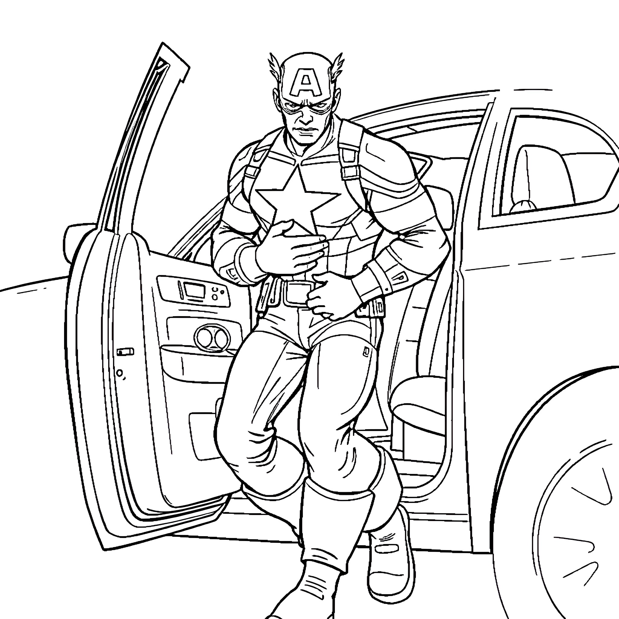 Captain America preparing for action in vehicle Coloring Page (free black-and-white line drawing printable PDF for all, from beginners to advanced learners, including children, teens, adults, and seniors)