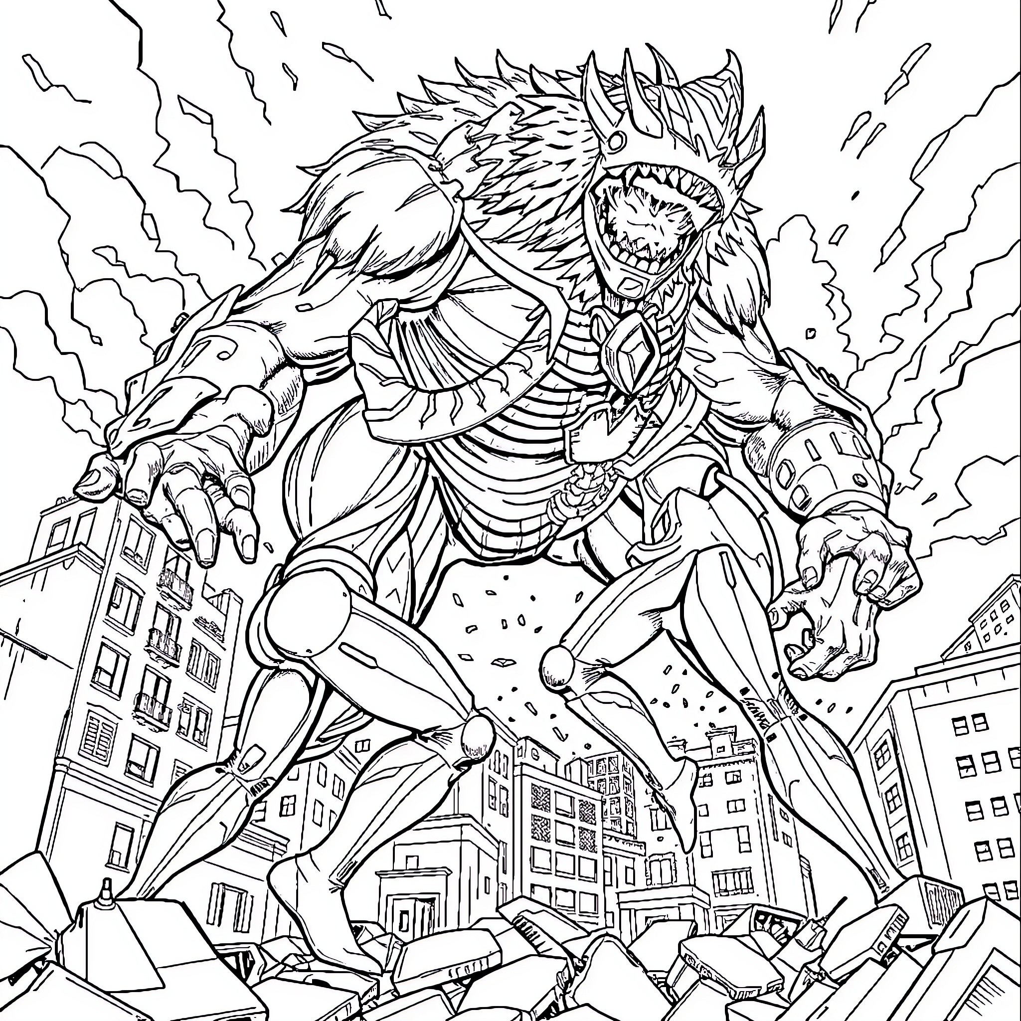 Ultraman Rampaging Through City with Destructive Might Coloring Page (free black-and-white line drawing printable PDF for all, from beginners to advanced learners, including children, teens, adults, and seniors)