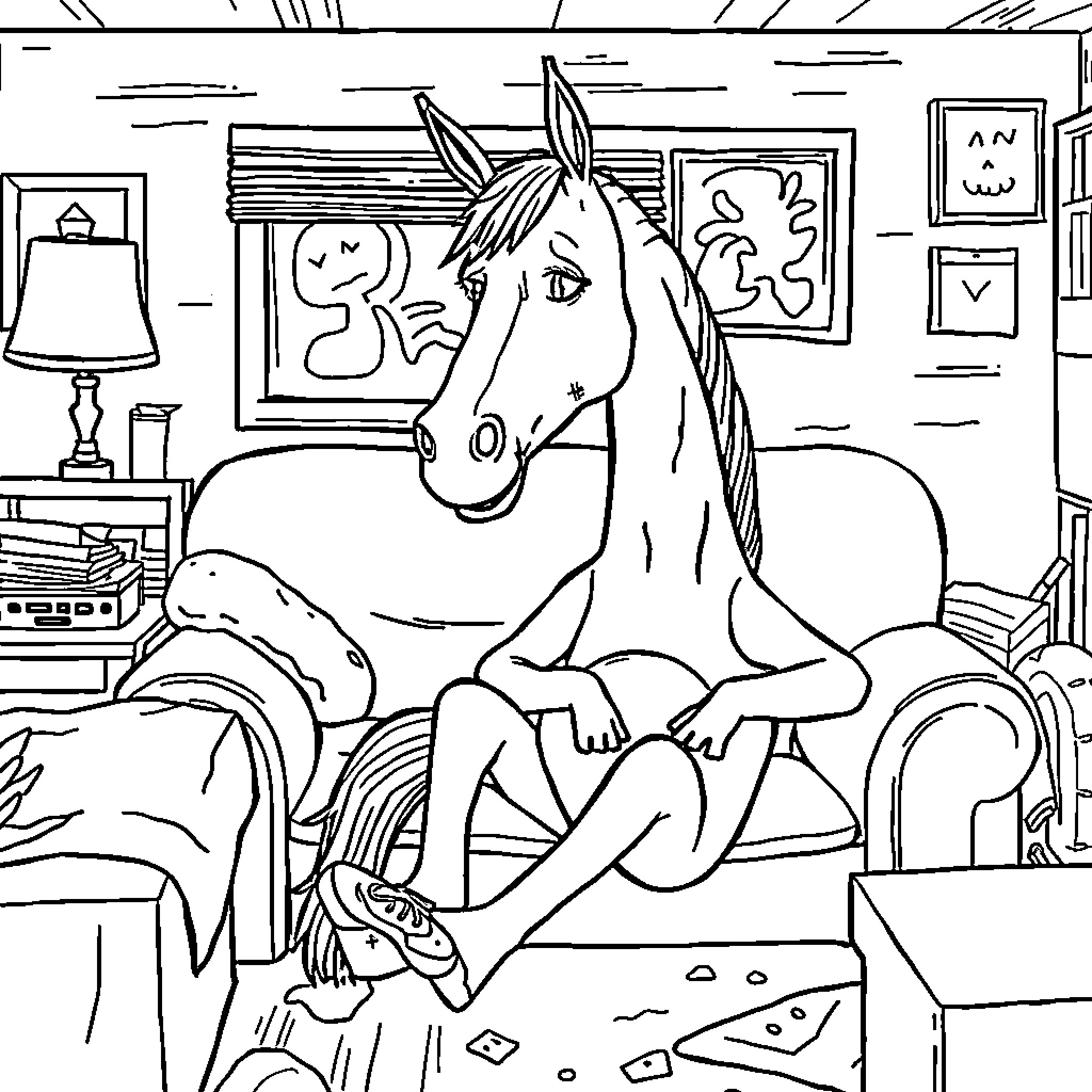 Bojack relaxing at home with his animal friends Coloring Page (free black-and-white line drawing printable PDF for all, from beginners to advanced learners, including children, teens, adults, and seniors)