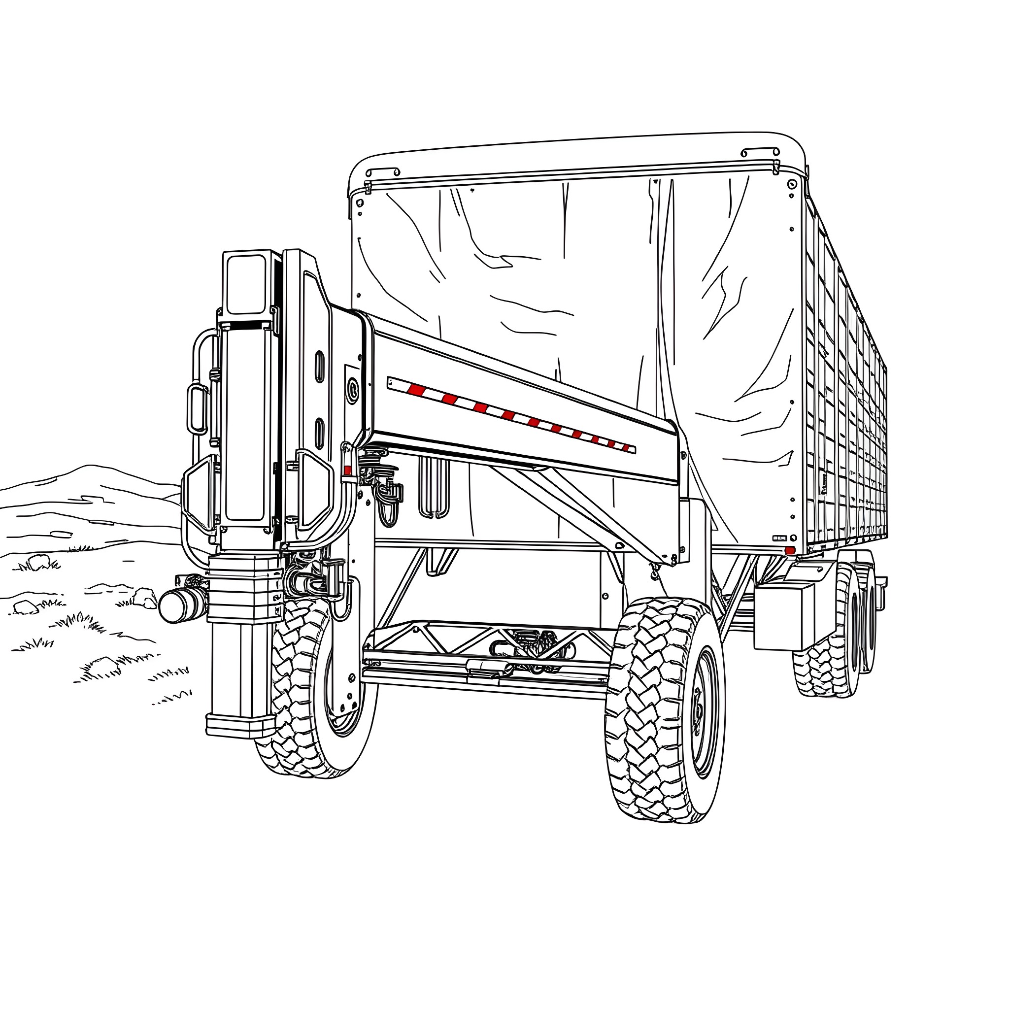 Gooseneck Trailer Carrying Goods in Rural Landscape Coloring Page (free black-and-white line drawing printable PDF for all, from beginners to advanced learners, including children, teens, adults, and seniors)