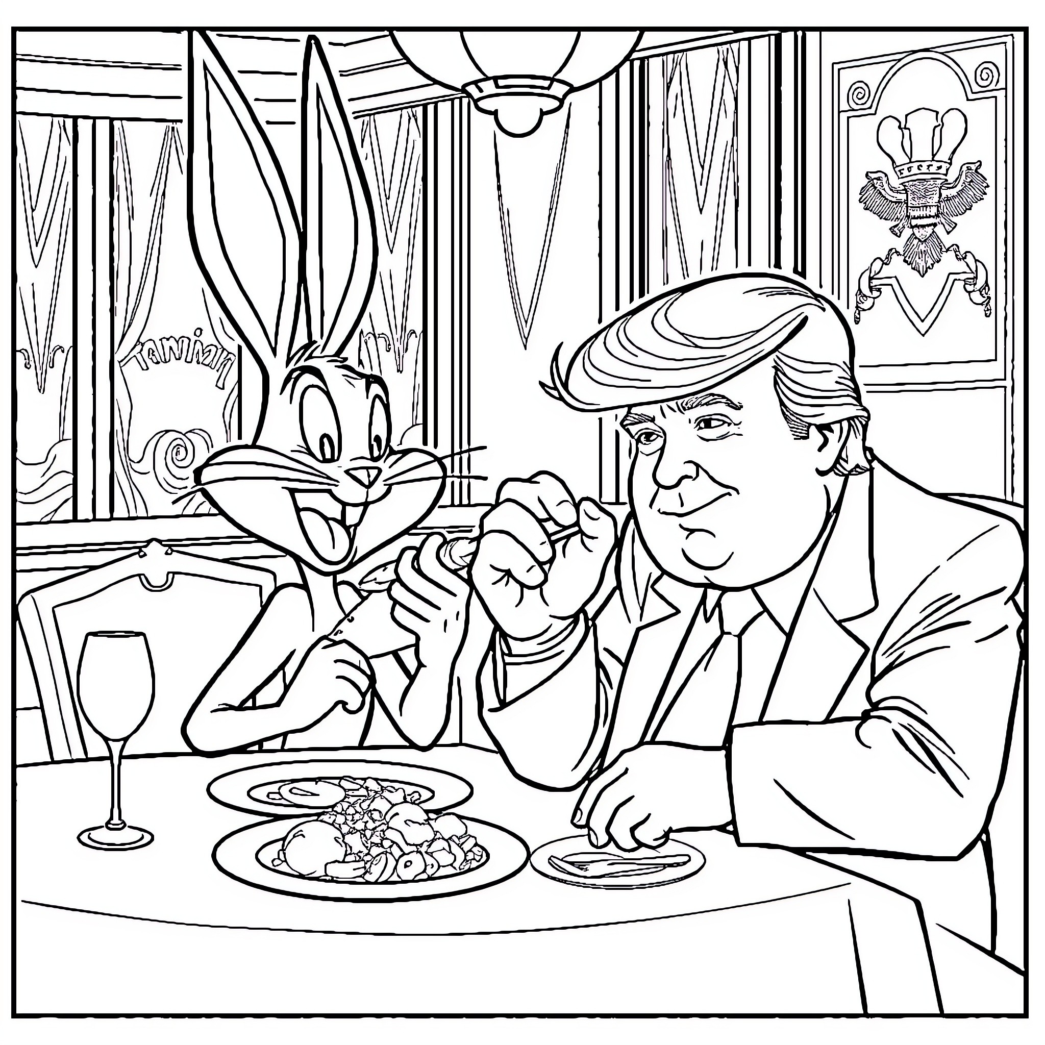 Bugs Bunny enjoys a meal with a well-dressed companion Coloring Page (free black-and-white line drawing printable PDF for all, from beginners to advanced learners, including children, teens, adults, and seniors)