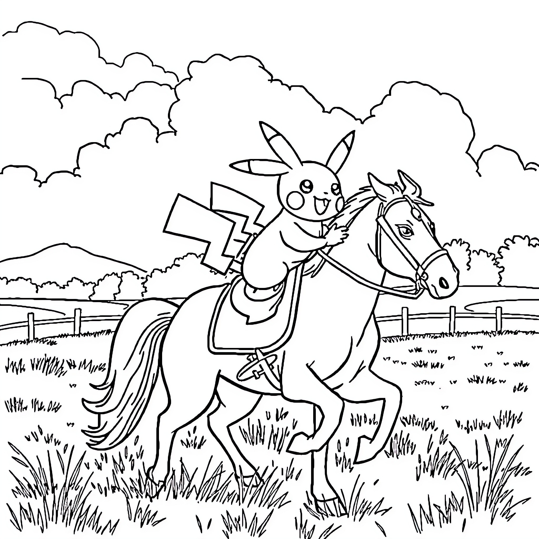 Pikachu riding a horse in the countryside Coloring Page (free black-and-white line drawing printable PDF for all, from beginners to advanced learners, including children, teens, adults, and seniors)