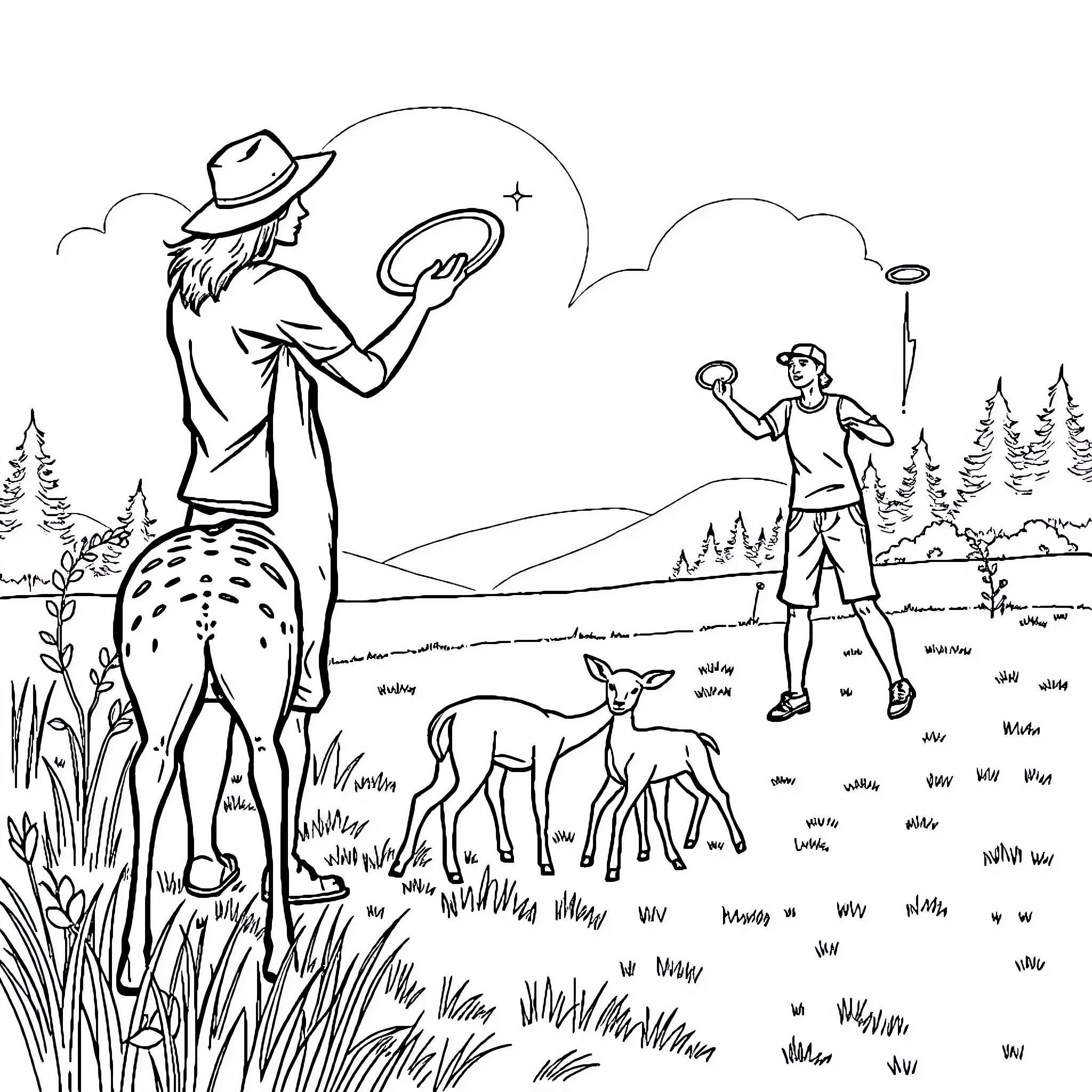 Deer in the wild observed by explorers Coloring Page (free black-and-white line drawing printable PDF for all, from beginners to advanced learners, including children, teens, adults, and seniors)