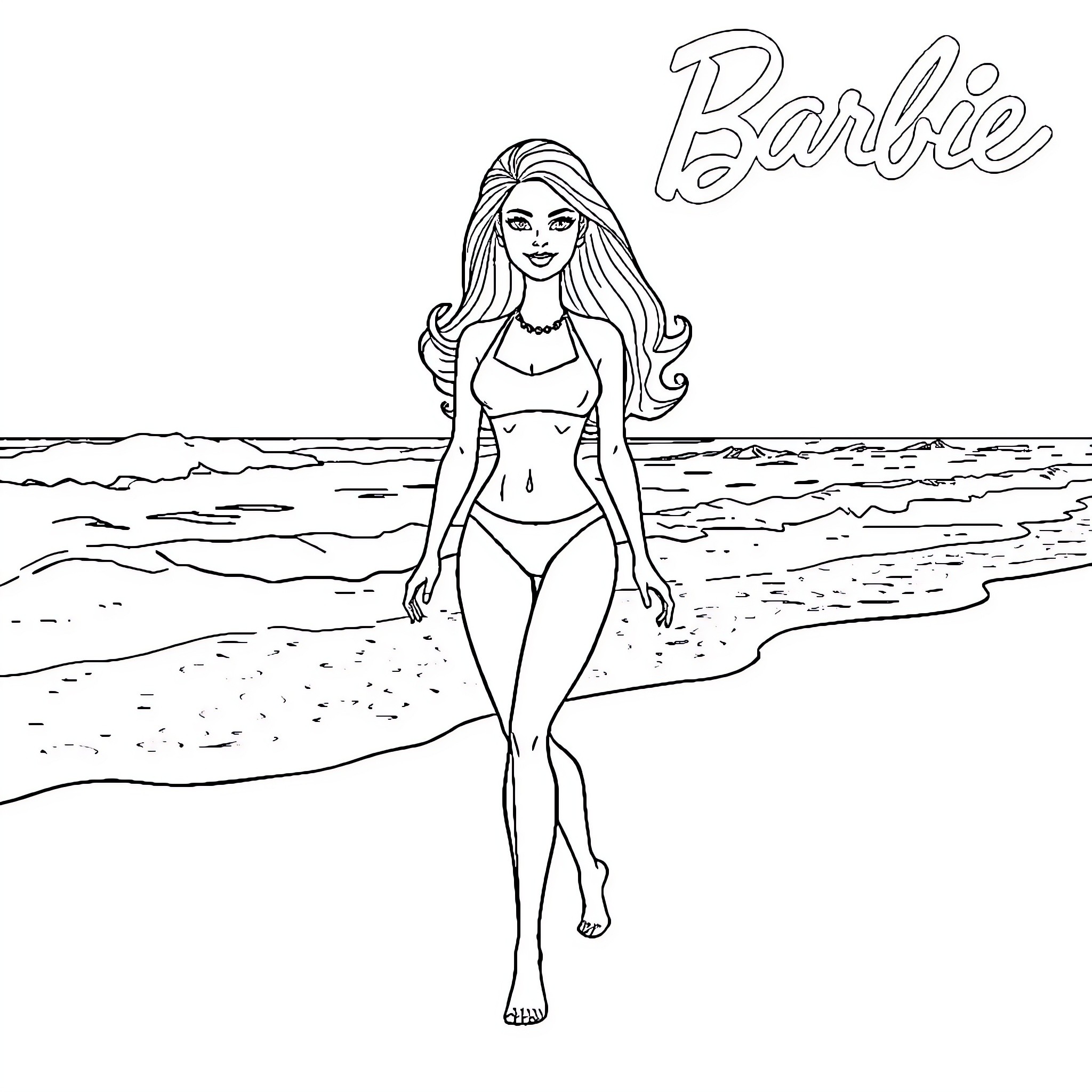 Barbie enjoys a day at the beach Coloring Page (free black-and-white line drawing printable PDF for all, from beginners to advanced learners, including children, teens, adults, and seniors)