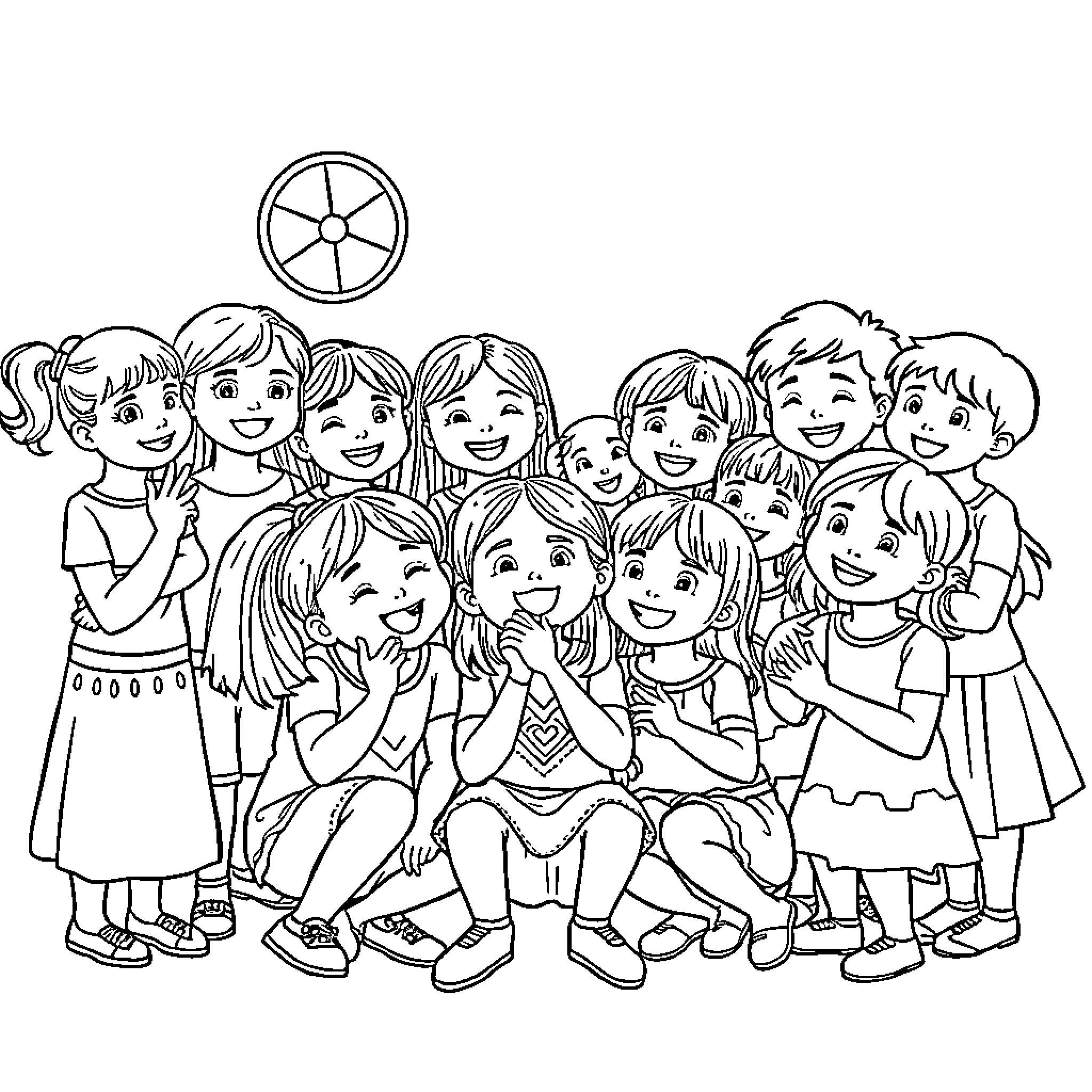 Child group photo of friends smiling and posing together Coloring Page (free black-and-white line drawing printable PDF for all, from beginners to advanced learners, including children, teens, adults, and seniors)