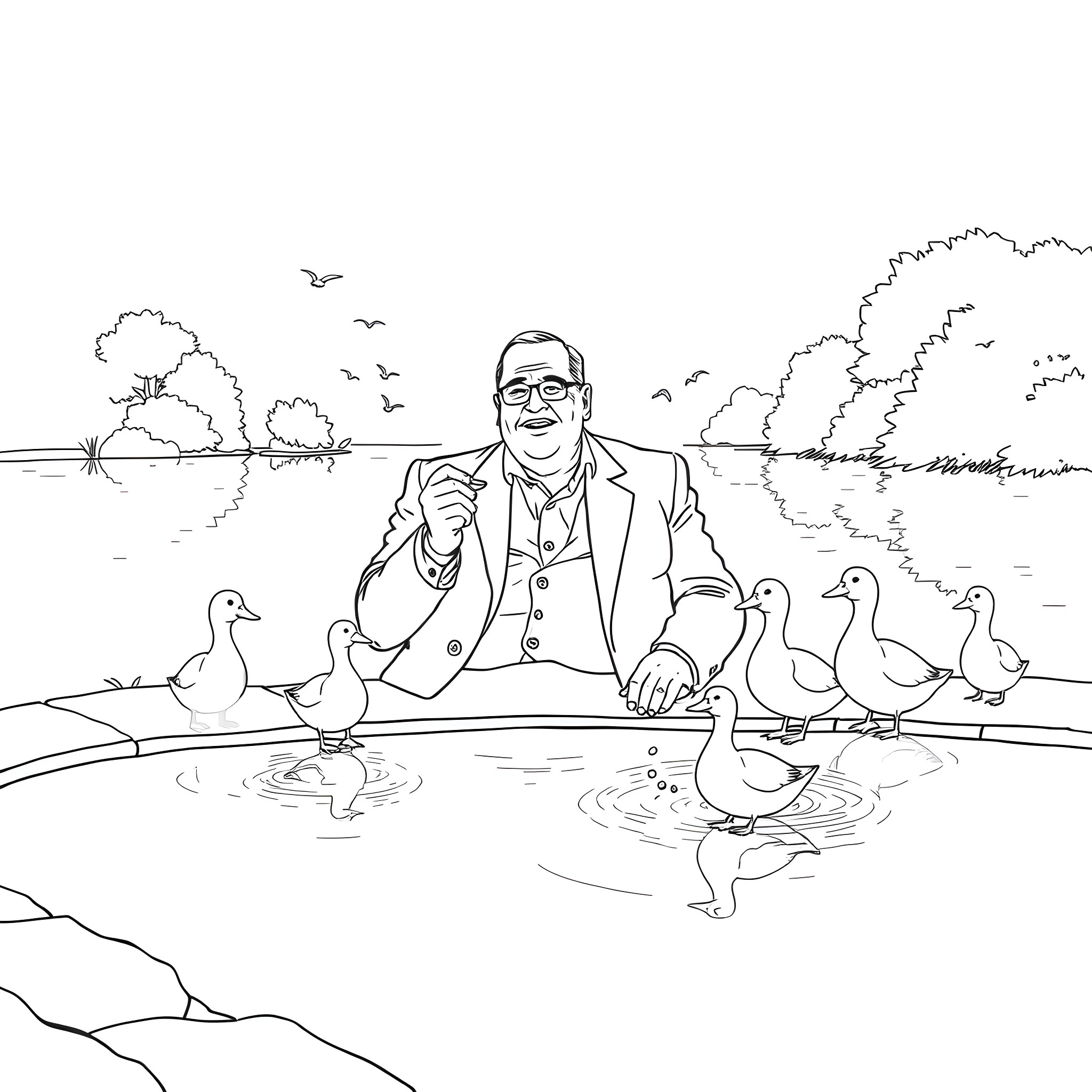 Tony Soprano peacefully interacting with ducks in a serene outdoor setting Coloring Page (free black-and-white line drawing printable PDF for all, from beginners to advanced learners, including children, teens, adults, and seniors)