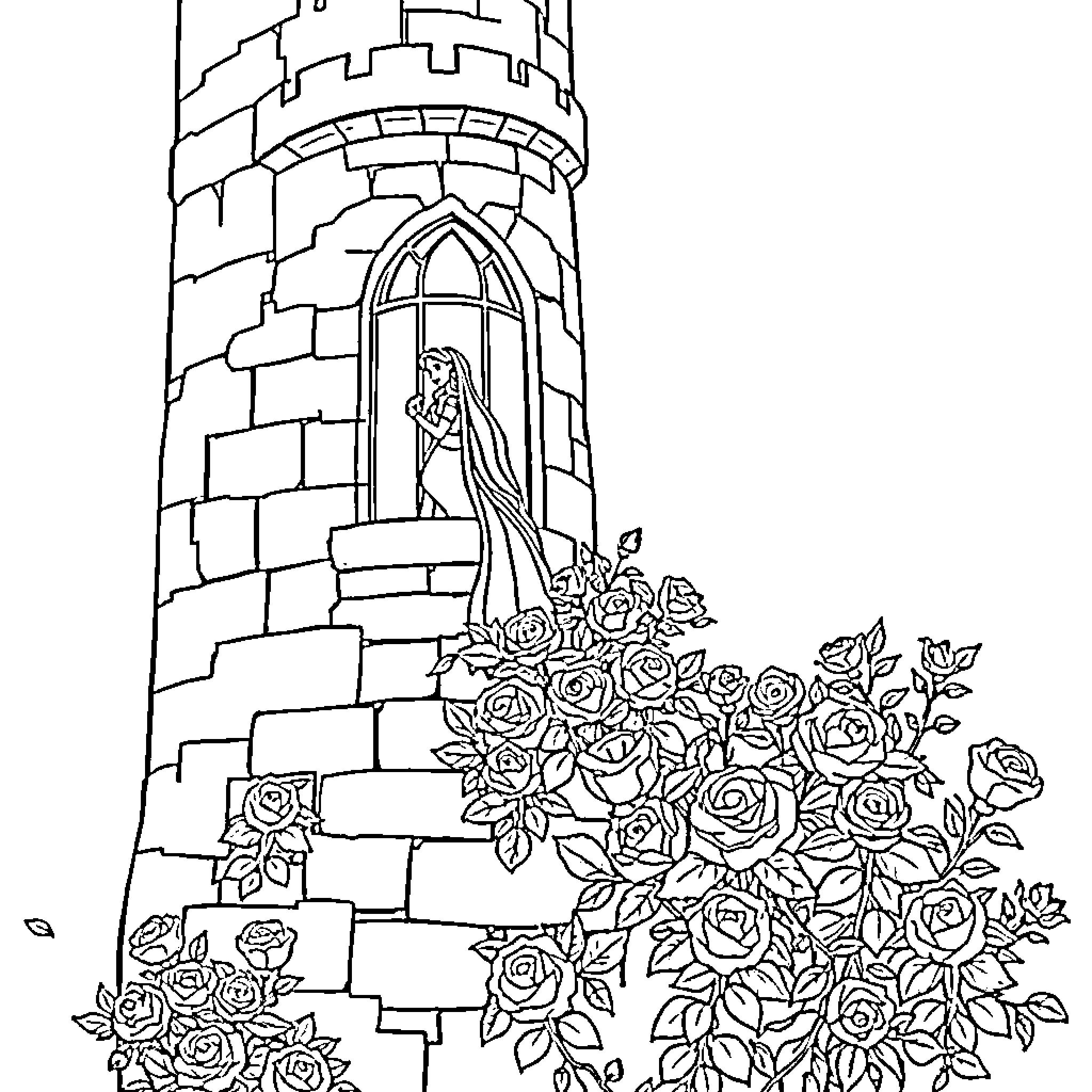Princess in a Castle Tower Surrounded by Roses Coloring Page (free black-and-white line drawing printable PDF for all, from beginners to advanced learners, including children, teens, adults, and seniors)