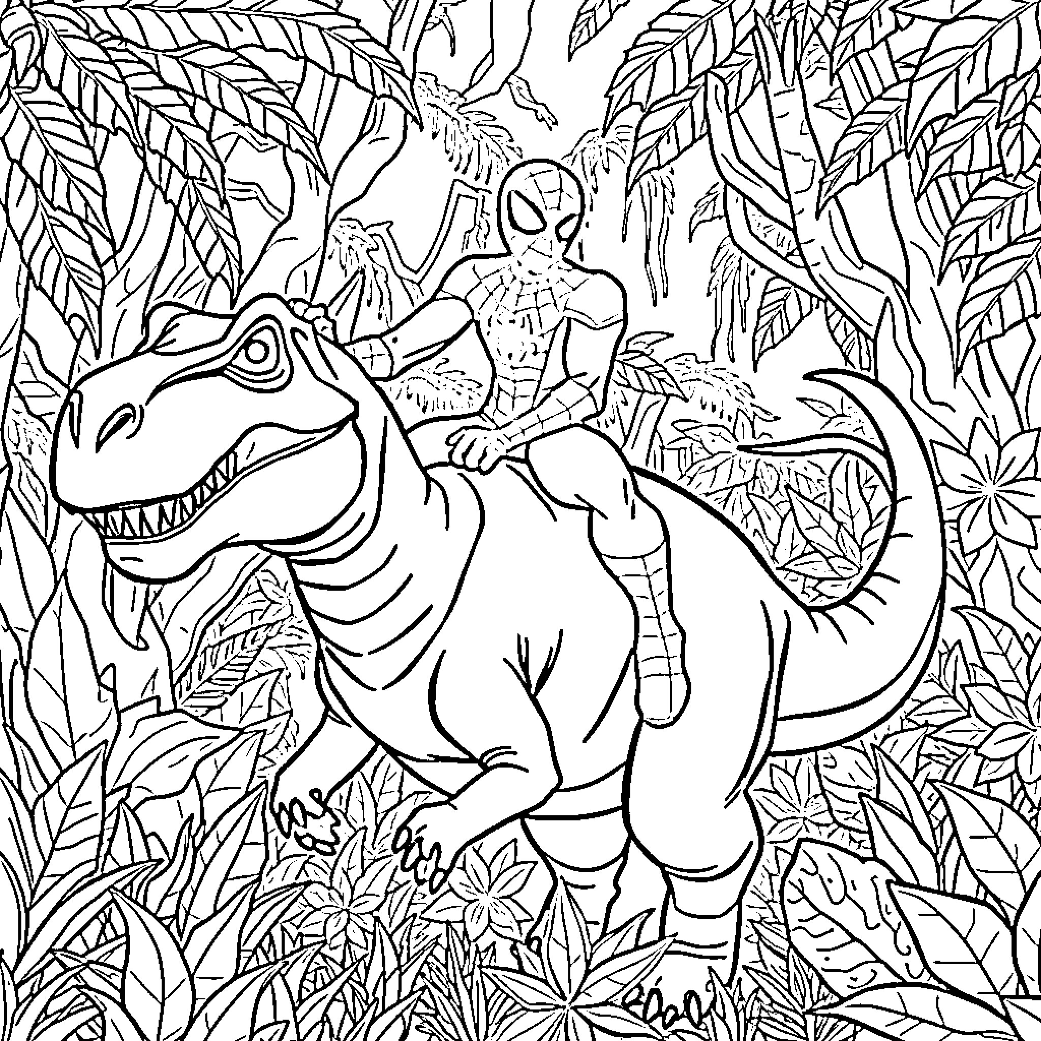Spiderman exploring the lush jungle with a friendly dinosaur Coloring Page (free black-and-white line drawing printable PDF for all, from beginners to advanced learners, including children, teens, adults, and seniors)