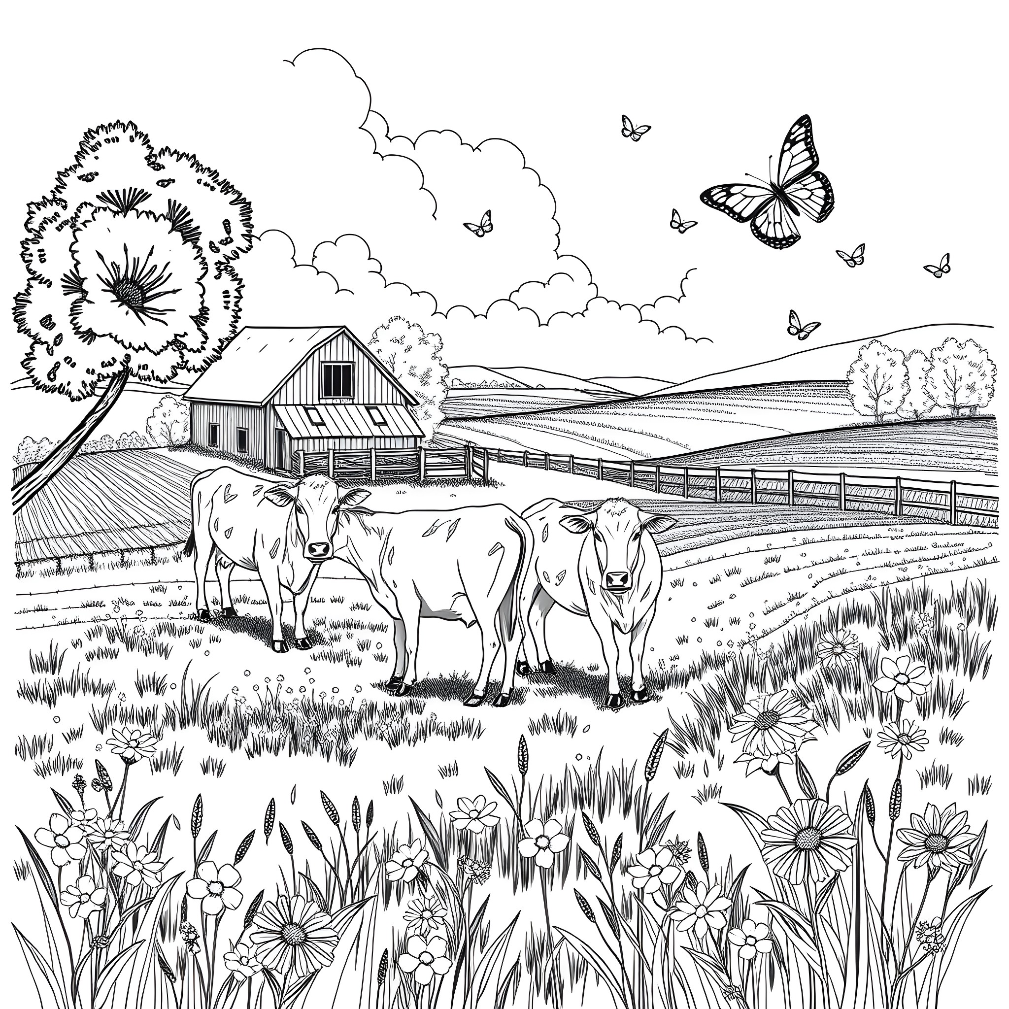 Cow Grazing Peacefully in Idyllic Farm Landscape Coloring Page (free black-and-white line drawing printable PDF for all, from beginners to advanced learners, including children, teens, adults, and seniors)