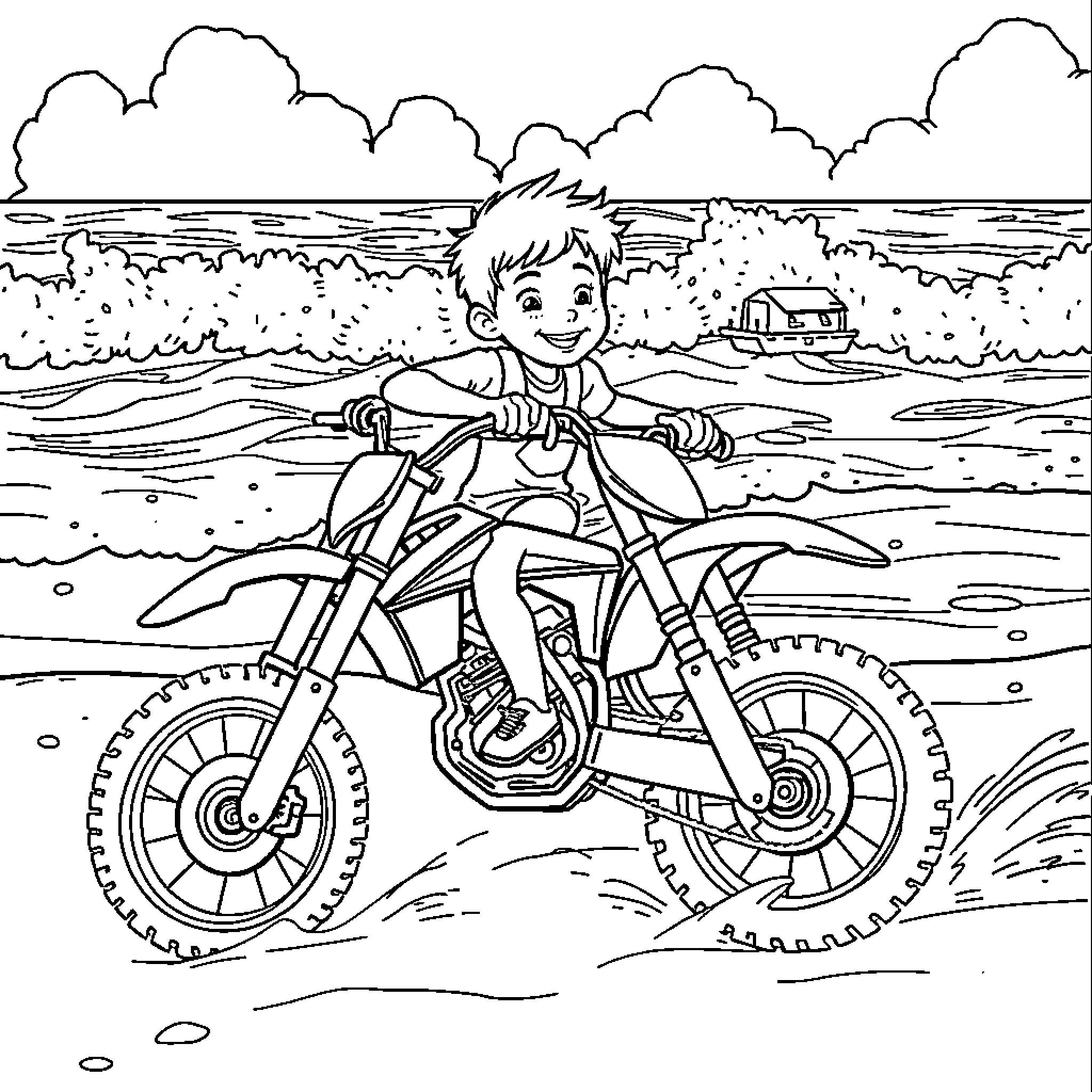 Kid riding dirt bike on the beach Coloring Page (free black-and-white line drawing printable PDF for all, from beginners to advanced learners, including children, teens, adults, and seniors)