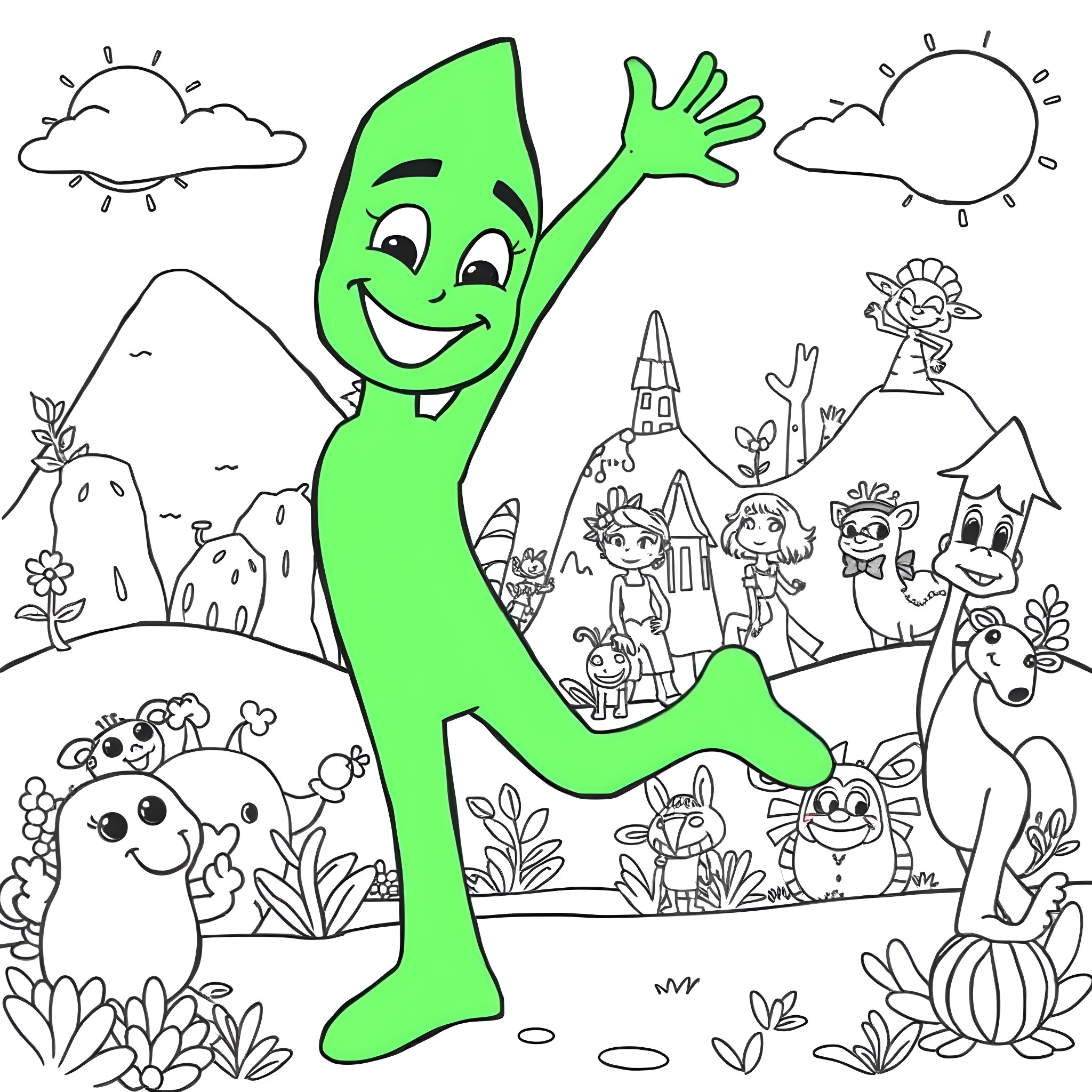 Gumby having fun with friends in a whimsical landscape Coloring Page (free black-and-white line drawing printable PDF for all, from beginners to advanced learners, including children, teens, adults, and seniors)