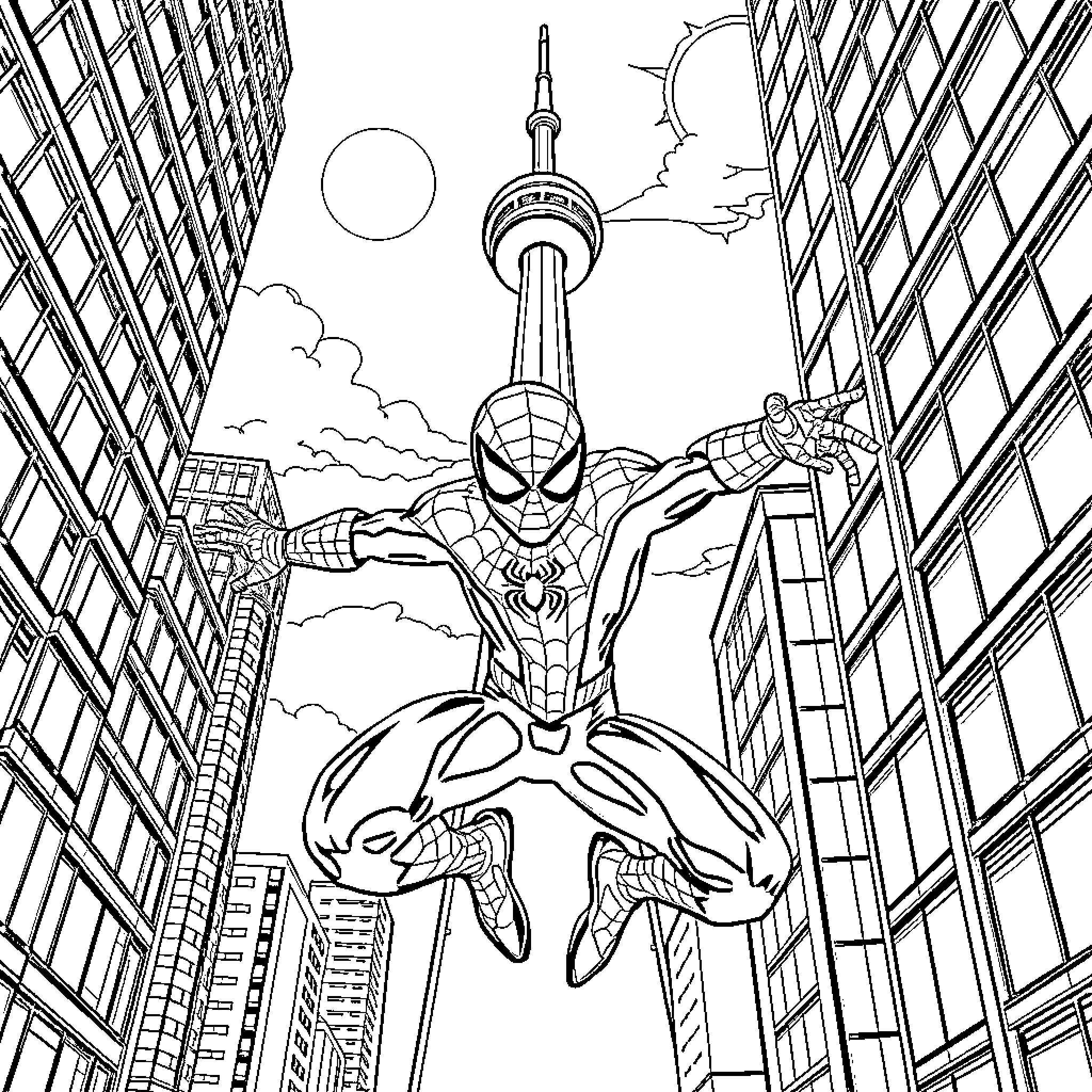 Spiderman swinging heroically through a city skyline Coloring Page (free black-and-white line drawing printable PDF for all, from beginners to advanced learners, including children, teens, adults, and seniors)