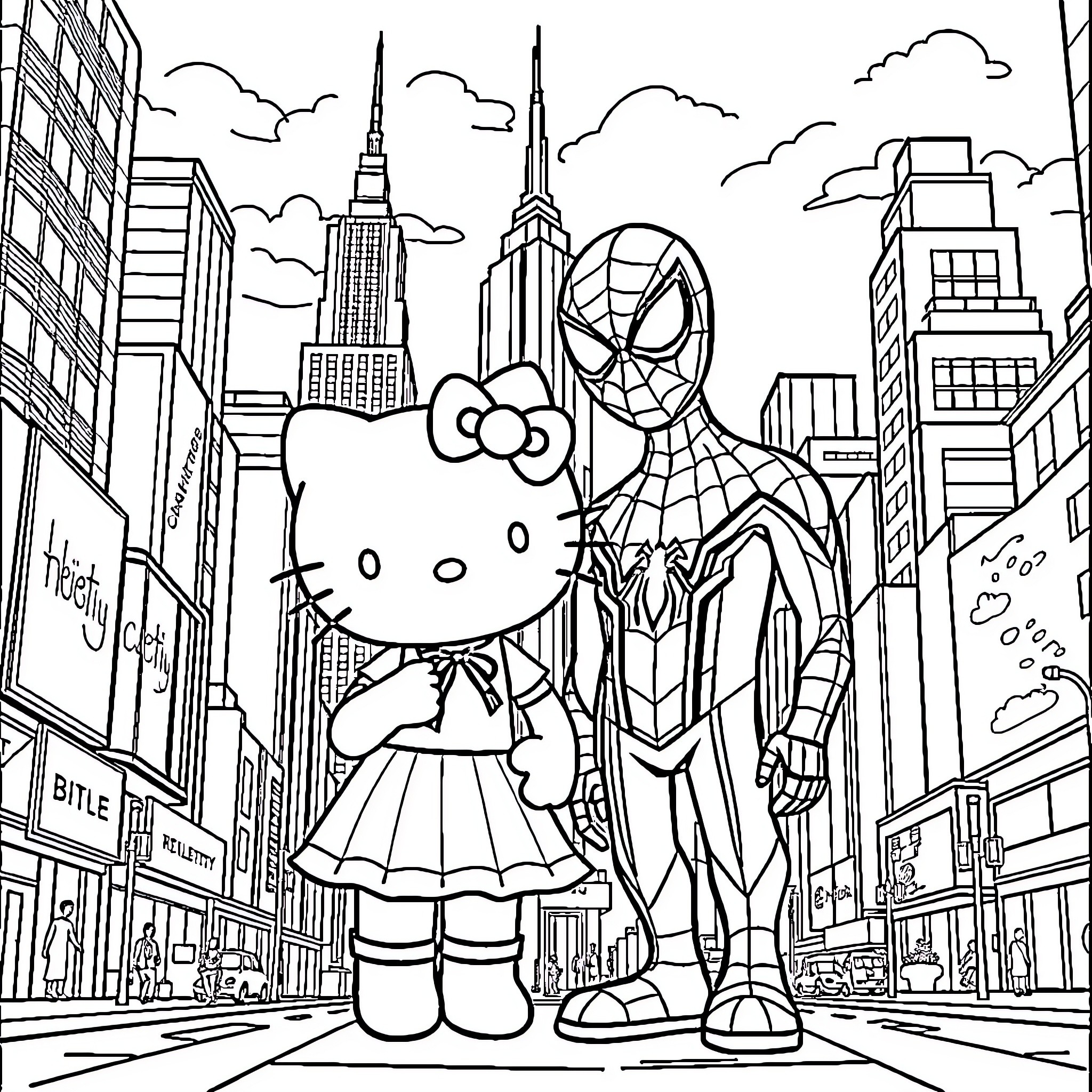 Hello Kitty and Spiderman explore the city skyline Coloring Page (free black-and-white line drawing printable PDF for all, from beginners to advanced learners, including children, teens, adults, and seniors)
