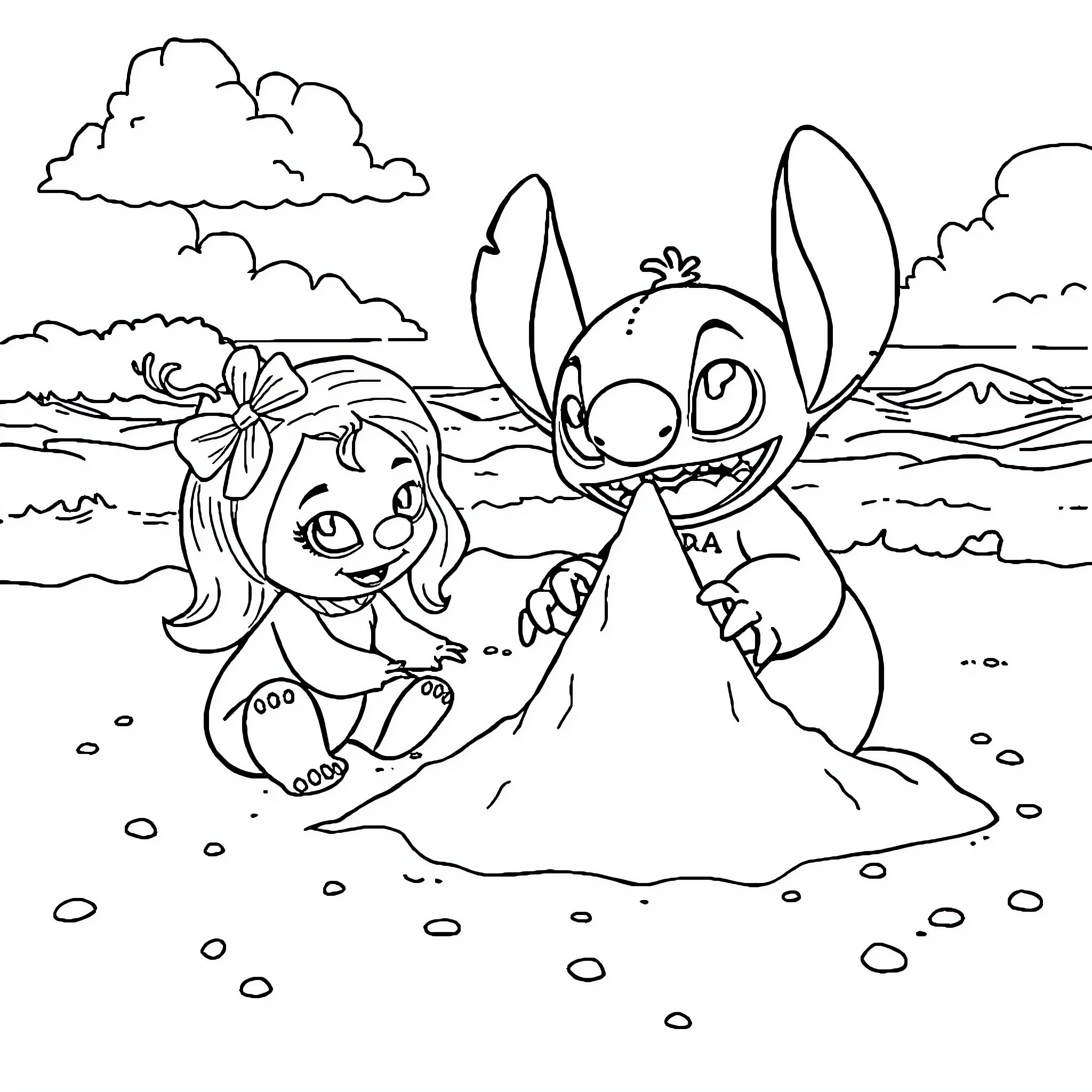 Elf friends playing together on the beach Coloring Page (free black-and-white line drawing printable PDF for all, from beginners to advanced learners, including children, teens, adults, and seniors)