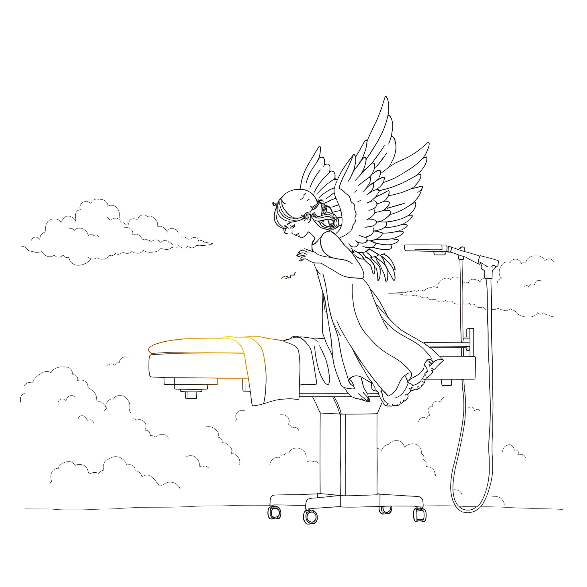 Angel of healing performing medical procedures Coloring Page (free black-and-white line drawing printable PDF for all, from beginners to advanced learners, including children, teens, adults, and seniors)