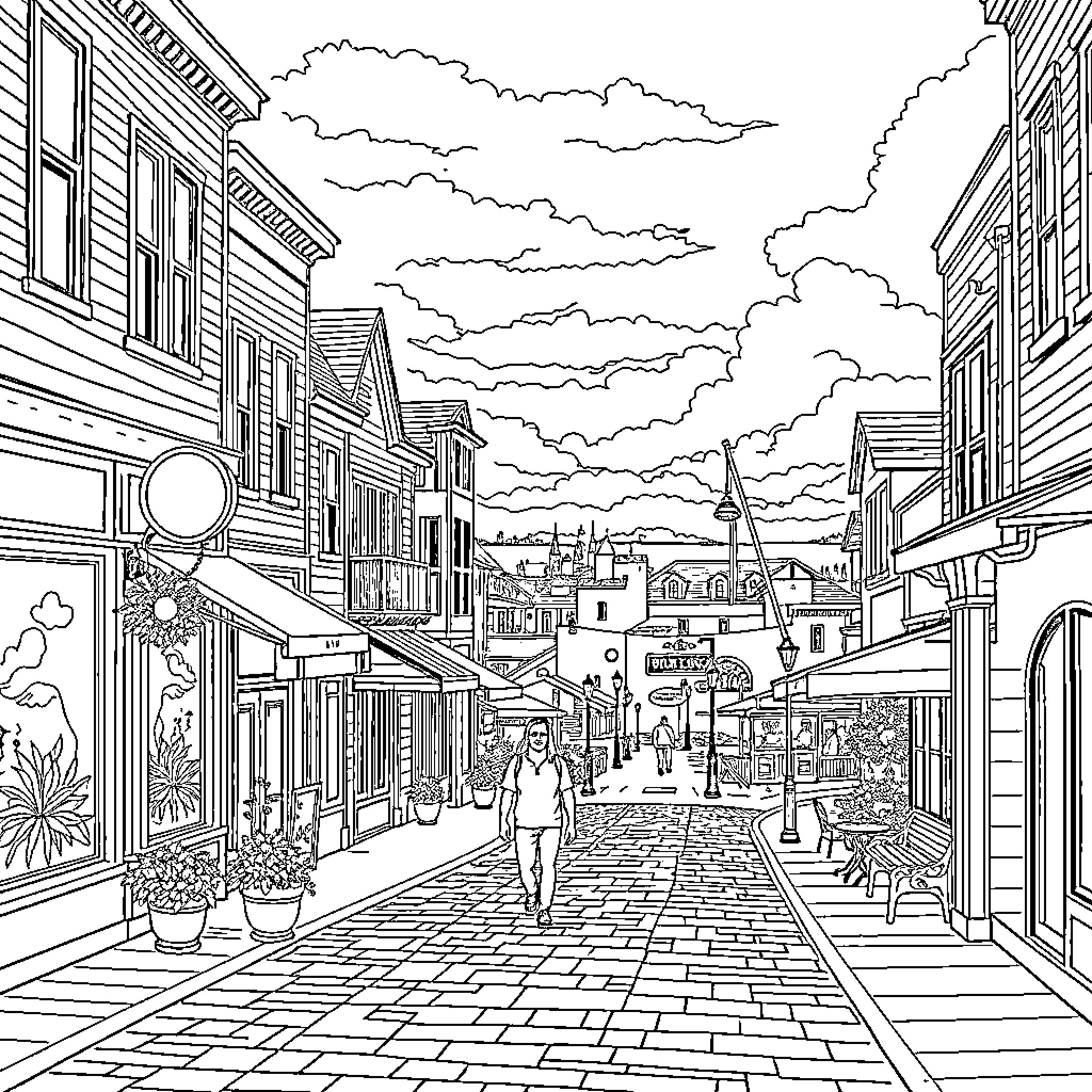 Traverse City: Bustling Downtown Street Scene Coloring Page (free black-and-white line drawing printable PDF for all, from beginners to advanced learners, including children, teens, adults, and seniors)