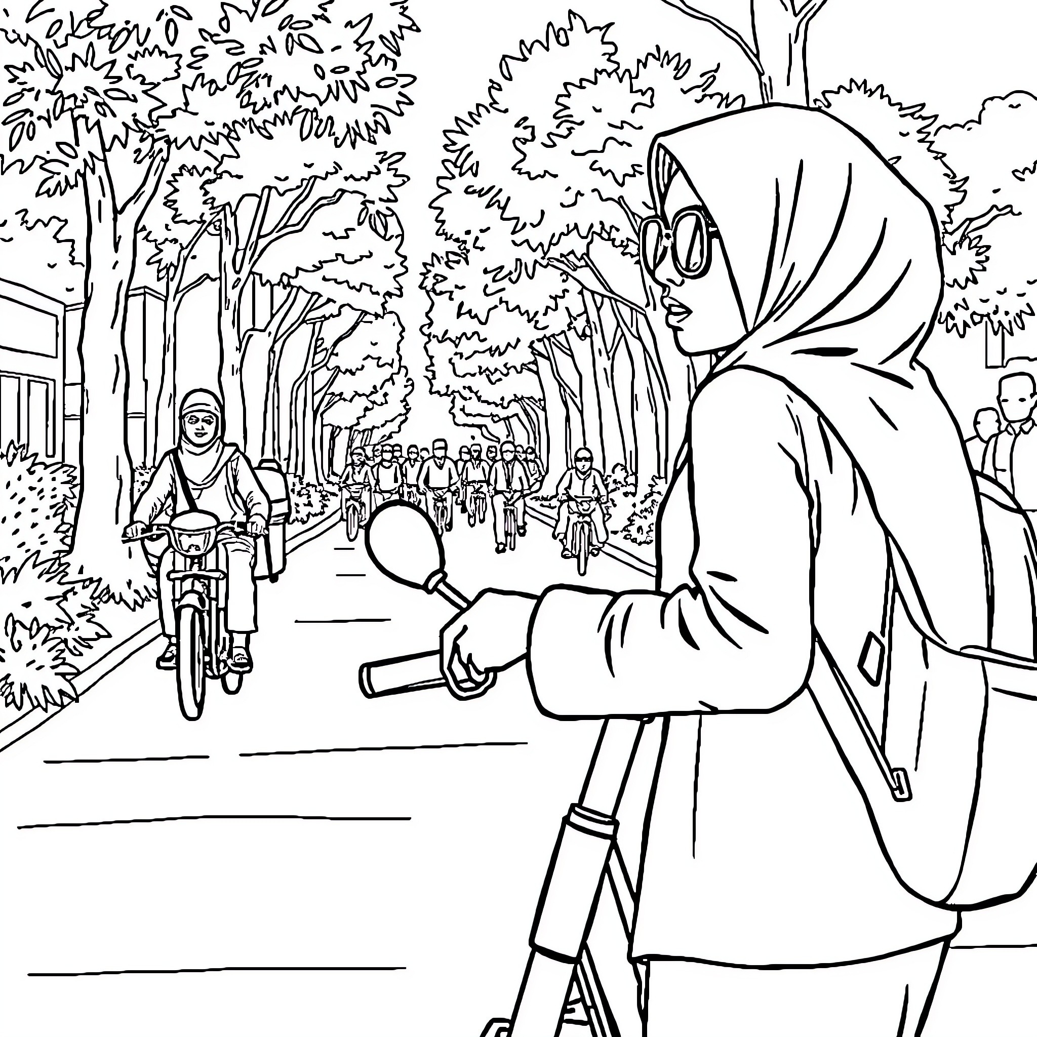 Bicycle Riders in Autumn Landscape Coloring Page (free black-and-white line drawing printable PDF for all, from beginners to advanced learners, including children, teens, adults, and seniors)