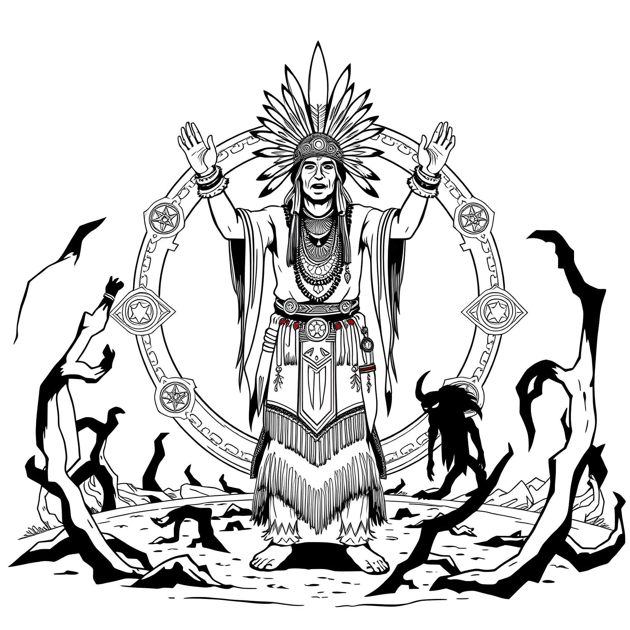 Shaman performing ritual in the wilderness Coloring Page (free black-and-white line drawing printable PDF for all, from beginners to advanced learners, including children, teens, adults, and seniors)