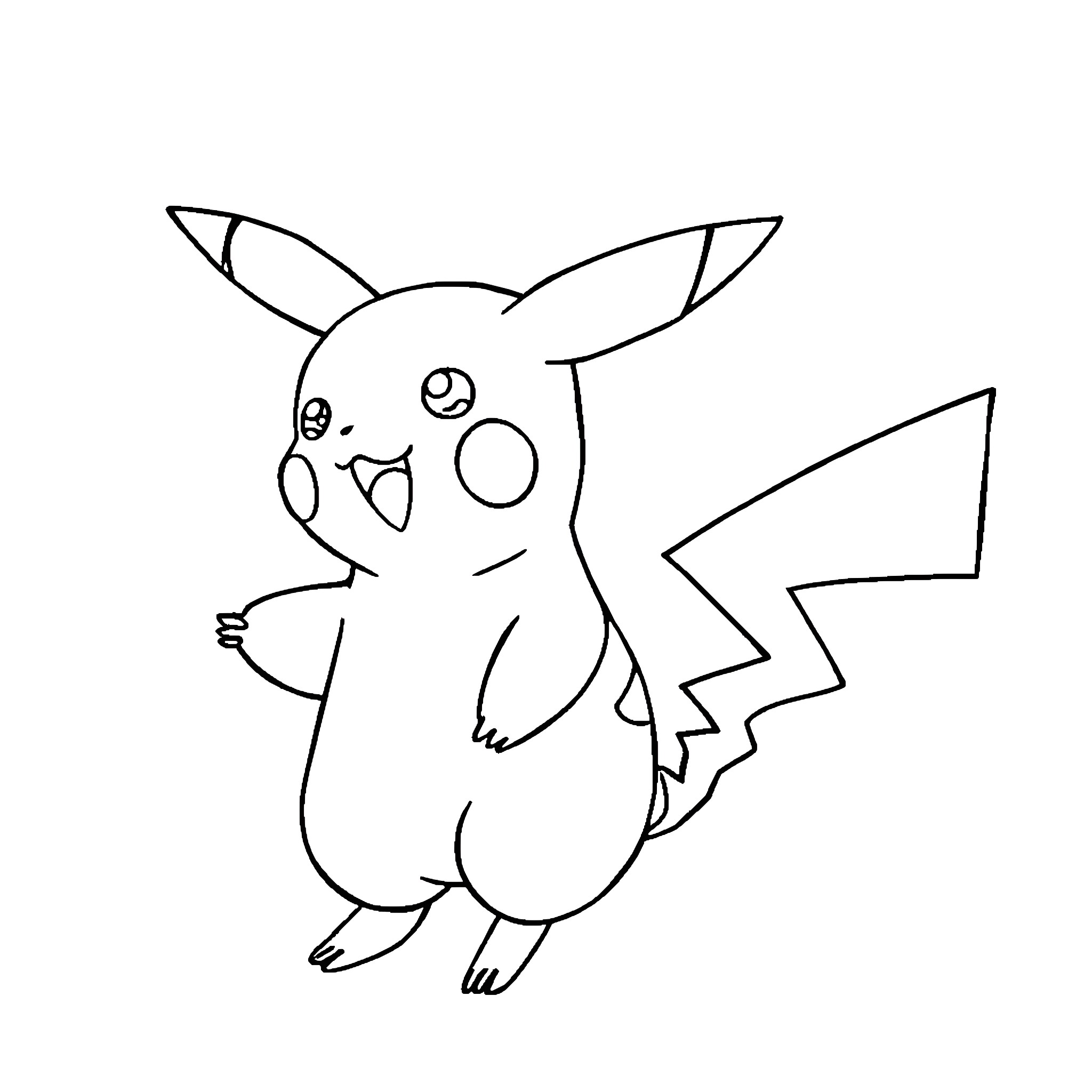 Pikachu in a cheerful pose Coloring Page (free black-and-white line drawing printable PDF for all, from beginners to advanced learners, including children, teens, adults, and seniors)