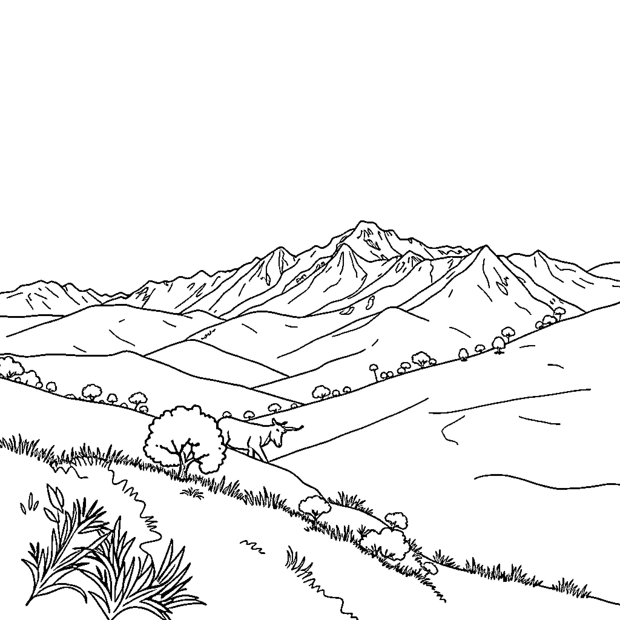 Fog over the majestic mountain landscape Coloring Page (free black-and-white line drawing printable PDF for all, from beginners to advanced learners, including children, teens, adults, and seniors)