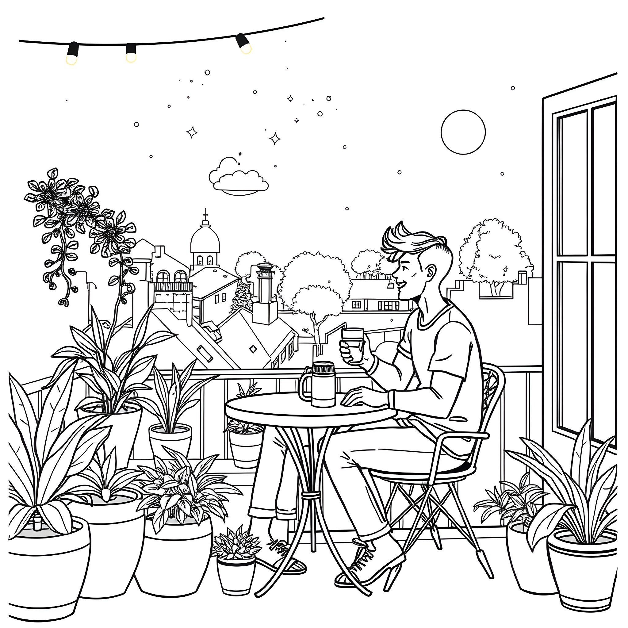 Young Couple Enjoying a Cozy Outdoor Cafe Coloring Page (free black-and-white line drawing printable PDF for all, from beginners to advanced learners, including children, teens, adults, and seniors)