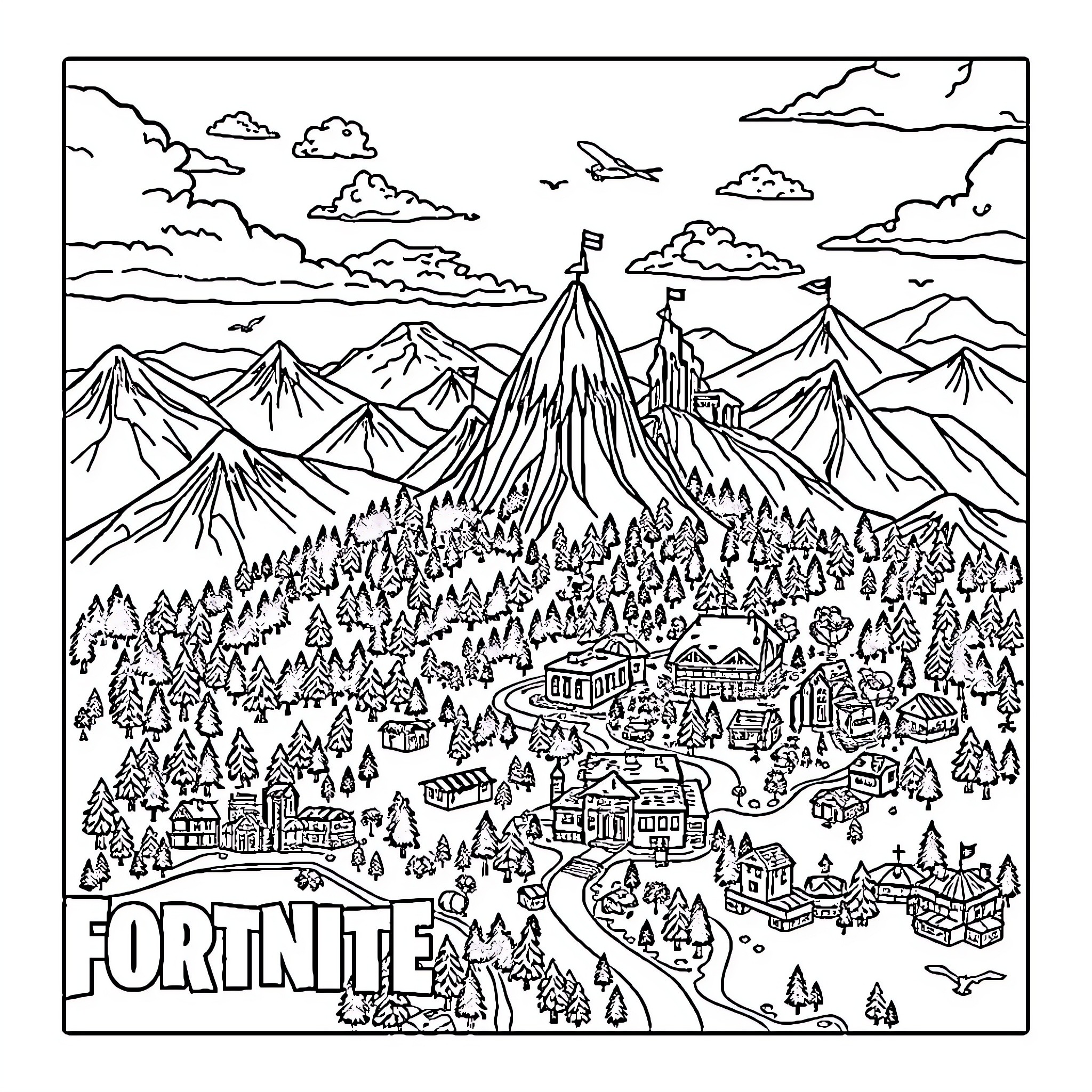 Fortnite Battle Royale Landscape with Mountains and Buildings Coloring Page (free black-and-white line drawing printable PDF for all, from beginners to advanced learners, including children, teens, adults, and seniors)