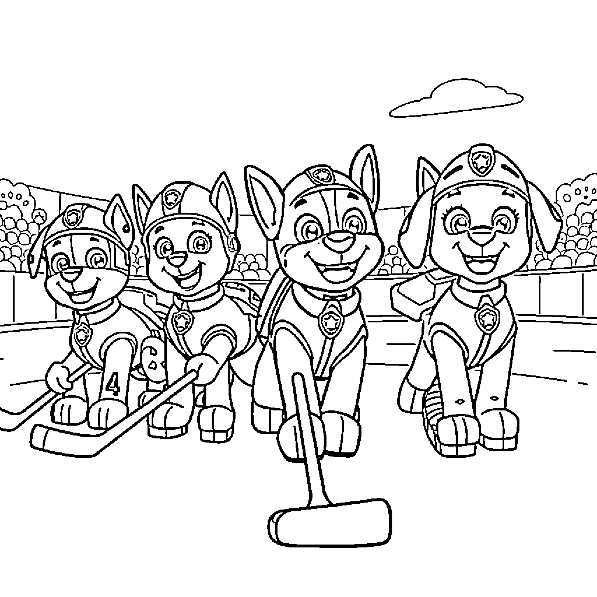 Paw Patrol having fun together in the outdoors Coloring Page (free black-and-white line drawing printable PDF for all, from beginners to advanced learners, including children, teens, adults, and seniors)
