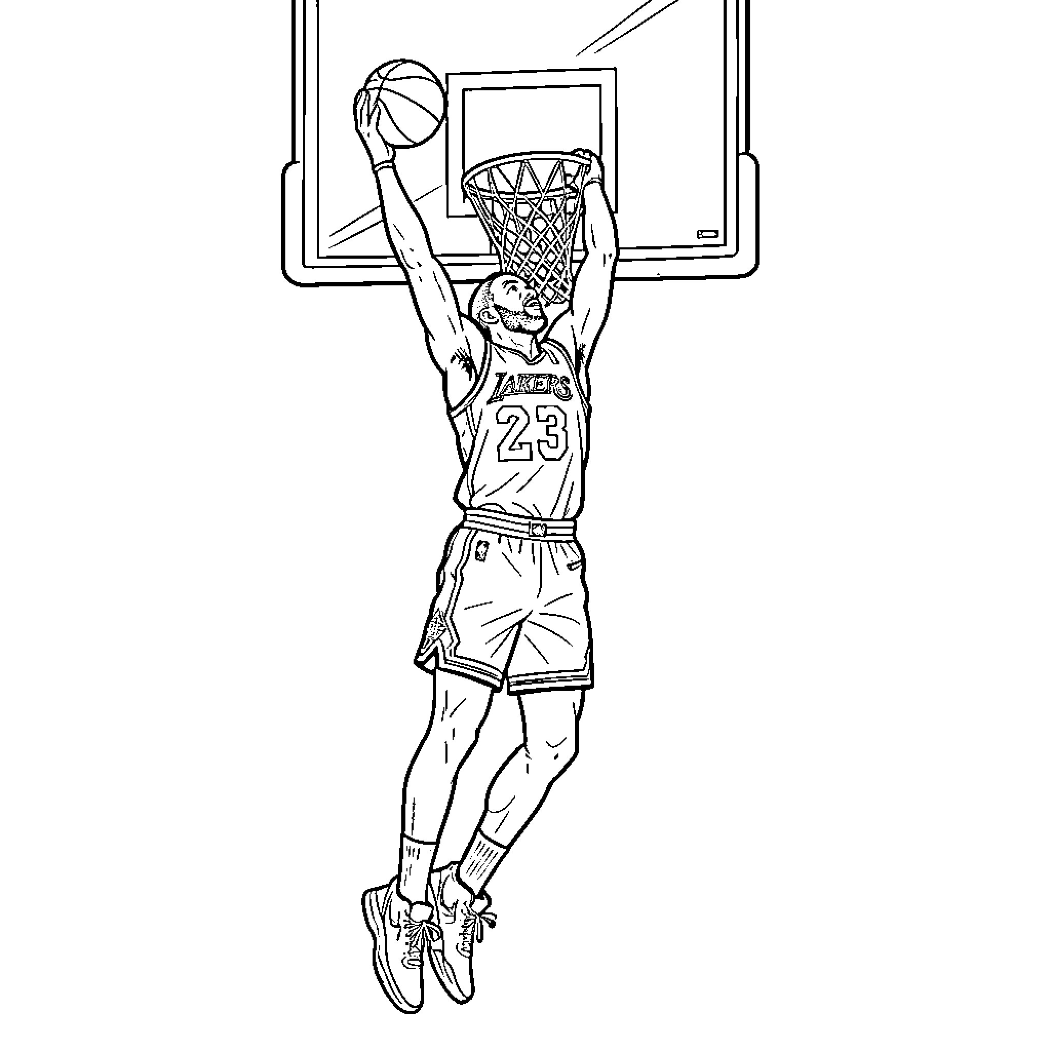 Basketball Player performing a powerful slam dunk Coloring Page (free black-and-white line drawing printable PDF for all, from beginners to advanced learners, including children, teens, adults, and seniors)