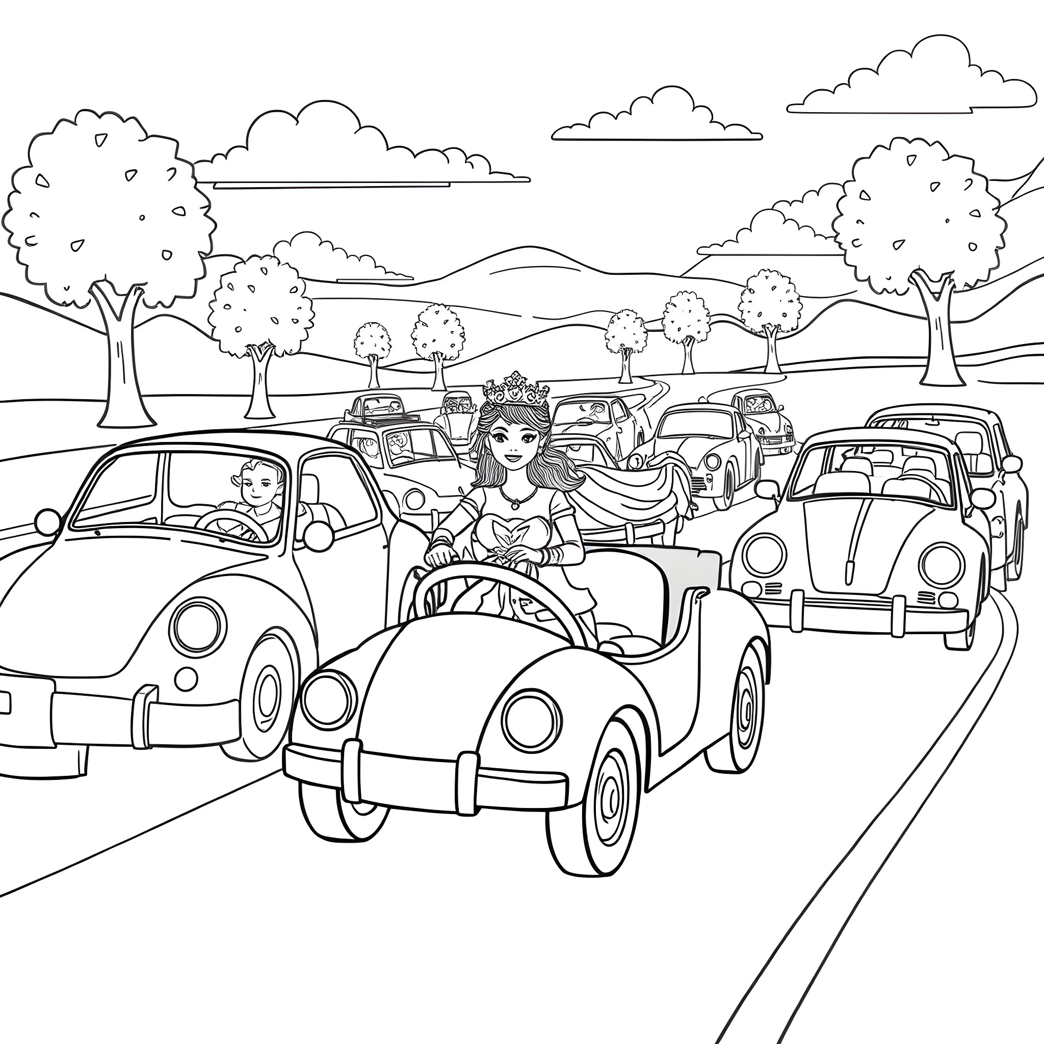 Cars navigating a busy road in a scenic landscape Coloring Page (free black-and-white line drawing printable PDF for all, from beginners to advanced learners, including children, teens, adults, and seniors)