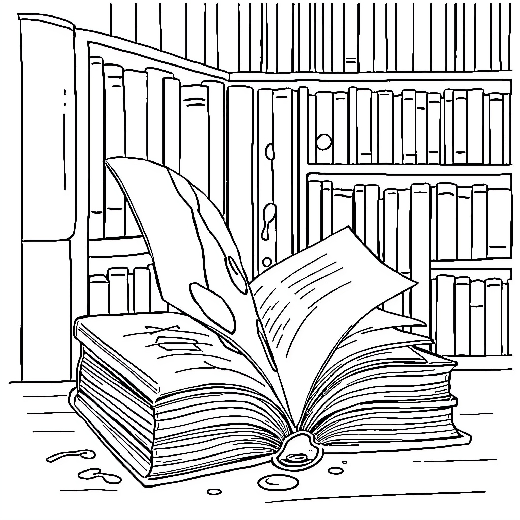 Library Book Open on Bookshelves Coloring Page (free black-and-white line drawing printable PDF for all, from beginners to advanced learners, including children, teens, adults, and seniors)