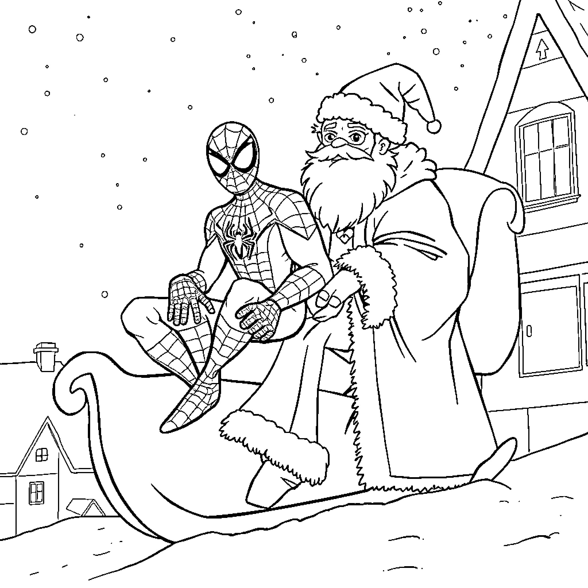 Spider-Man Meets Santa Claus in Snowy Town Coloring Page (free black-and-white line drawing printable PDF for all, from beginners to advanced learners, including children, teens, adults, and seniors)