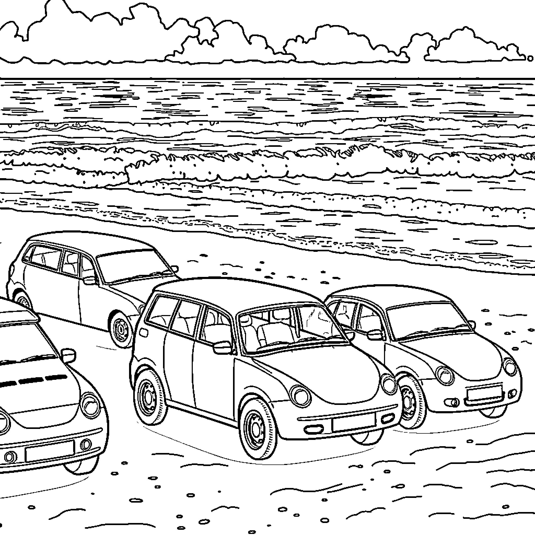 Cars parked on the beach near the ocean Coloring Page (free black-and-white line drawing printable PDF for all, from beginners to advanced learners, including children, teens, adults, and seniors)