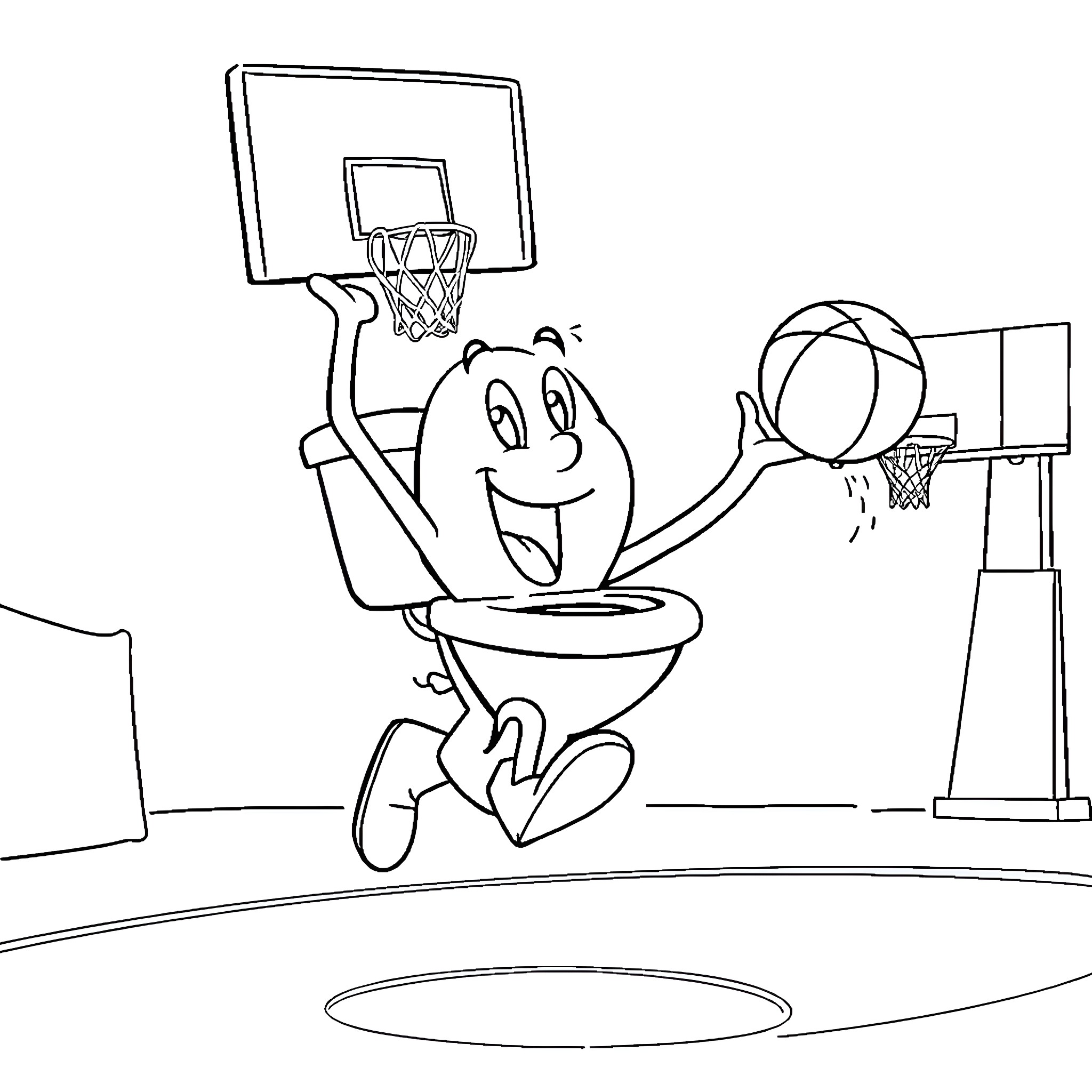 Skibidi Toilet Playing Basketball in the Gym Coloring Page (free black-and-white line drawing printable PDF for all, from beginners to advanced learners, including children, teens, adults, and seniors)