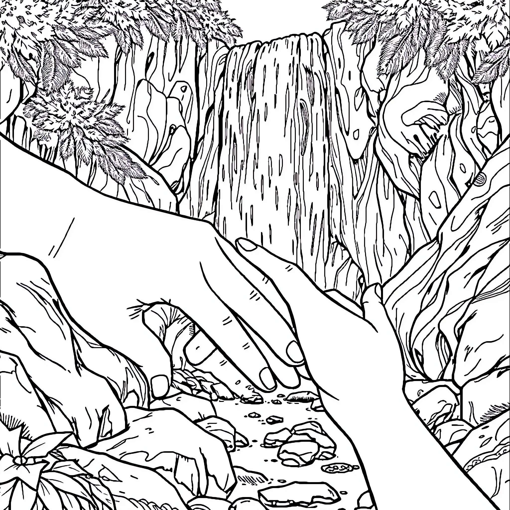 Hand reaches towards lush tropical waterfall Coloring Page (free black-and-white line drawing printable PDF for all, from beginners to advanced learners, including children, teens, adults, and seniors)