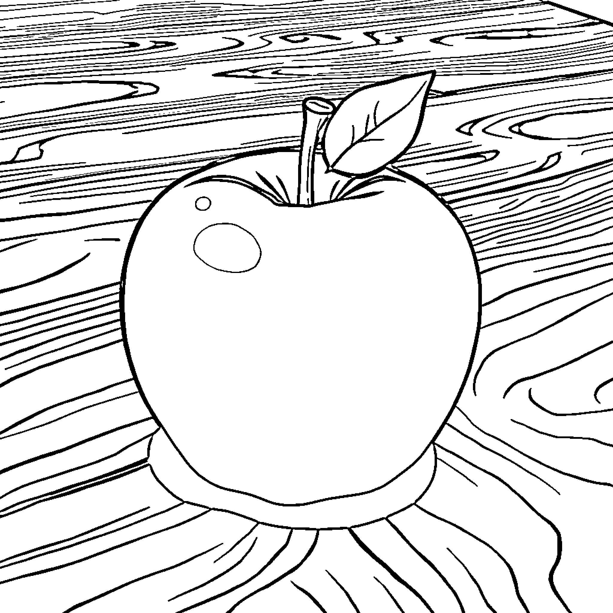 Apple on a wooden surface Coloring Page (free black-and-white line drawing printable PDF for all, from beginners to advanced learners, including children, teens, adults, and seniors)