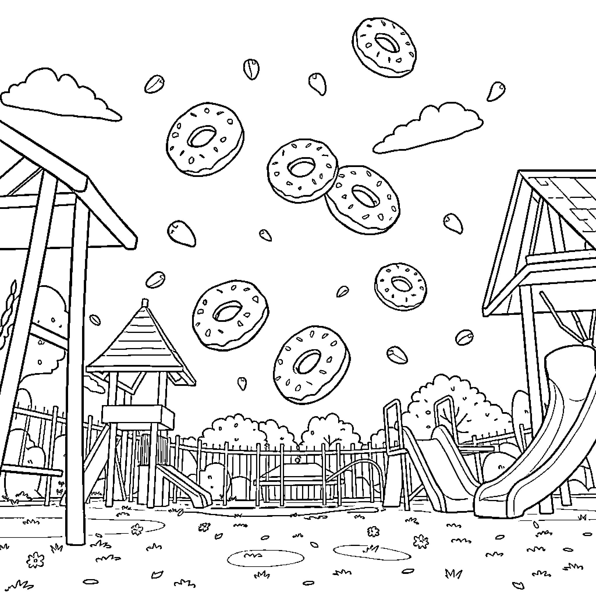 Donut-shaped Objects Raining Down on Playground Equipment Coloring Page (free black-and-white line drawing printable PDF for all, from beginners to advanced learners, including children, teens, adults, and seniors)