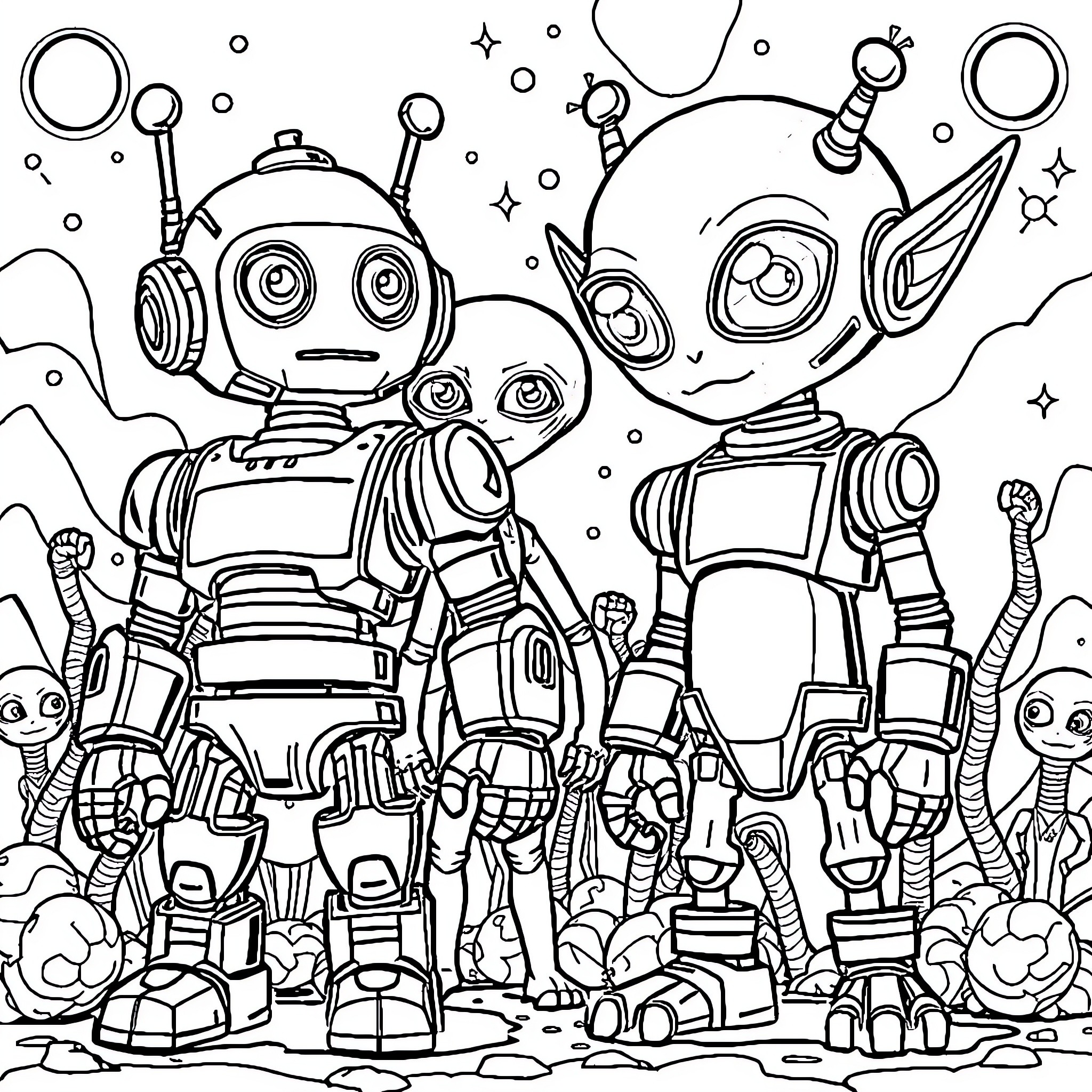 Robot Companions Exploring Alien Landscapes Coloring Page (free black-and-white line drawing printable PDF for all, from beginners to advanced learners, including children, teens, adults, and seniors)