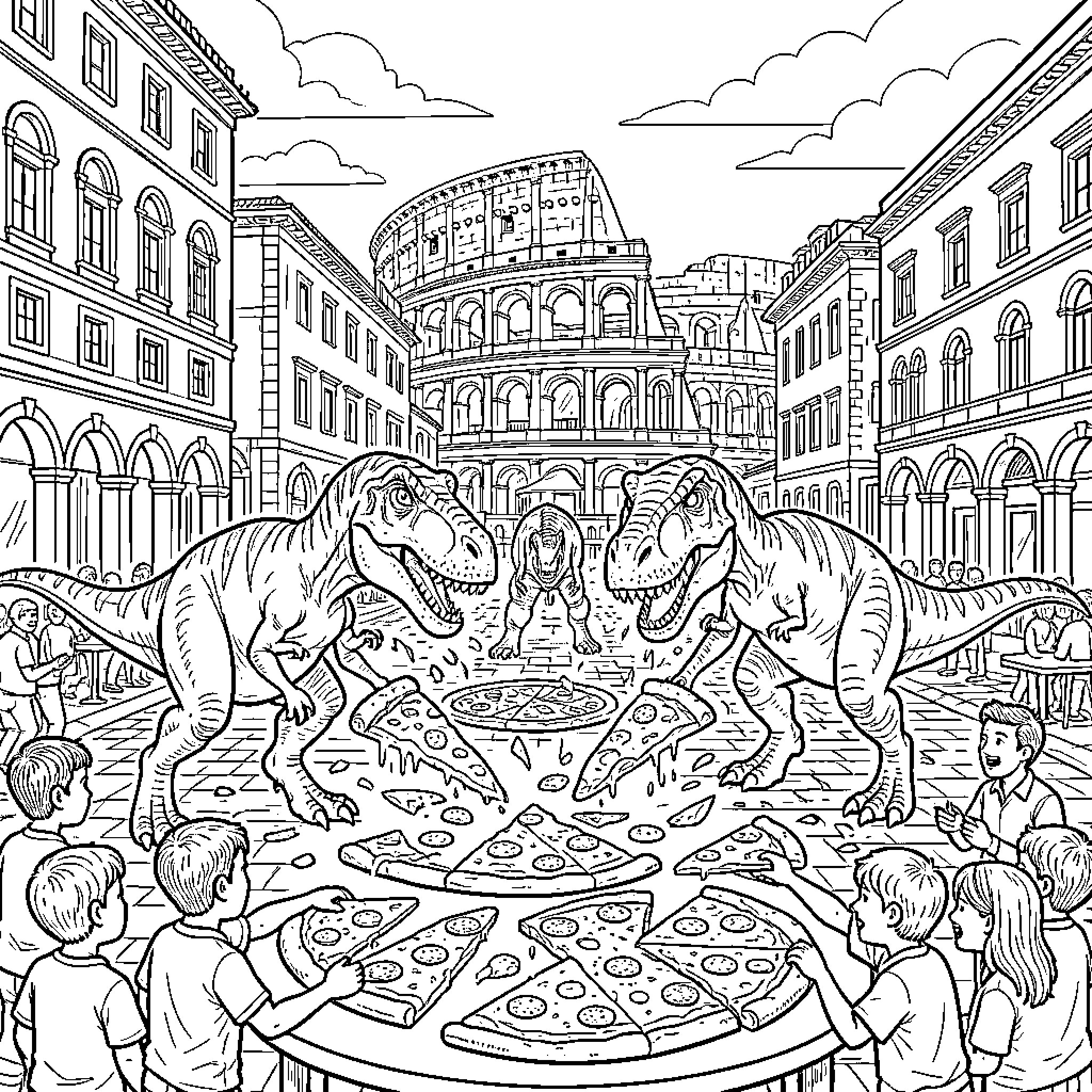 Dinosaur characters sharing pizza in an ancient city square Coloring Page (free black-and-white line drawing printable PDF for all, from beginners to advanced learners, including children, teens, adults, and seniors)
