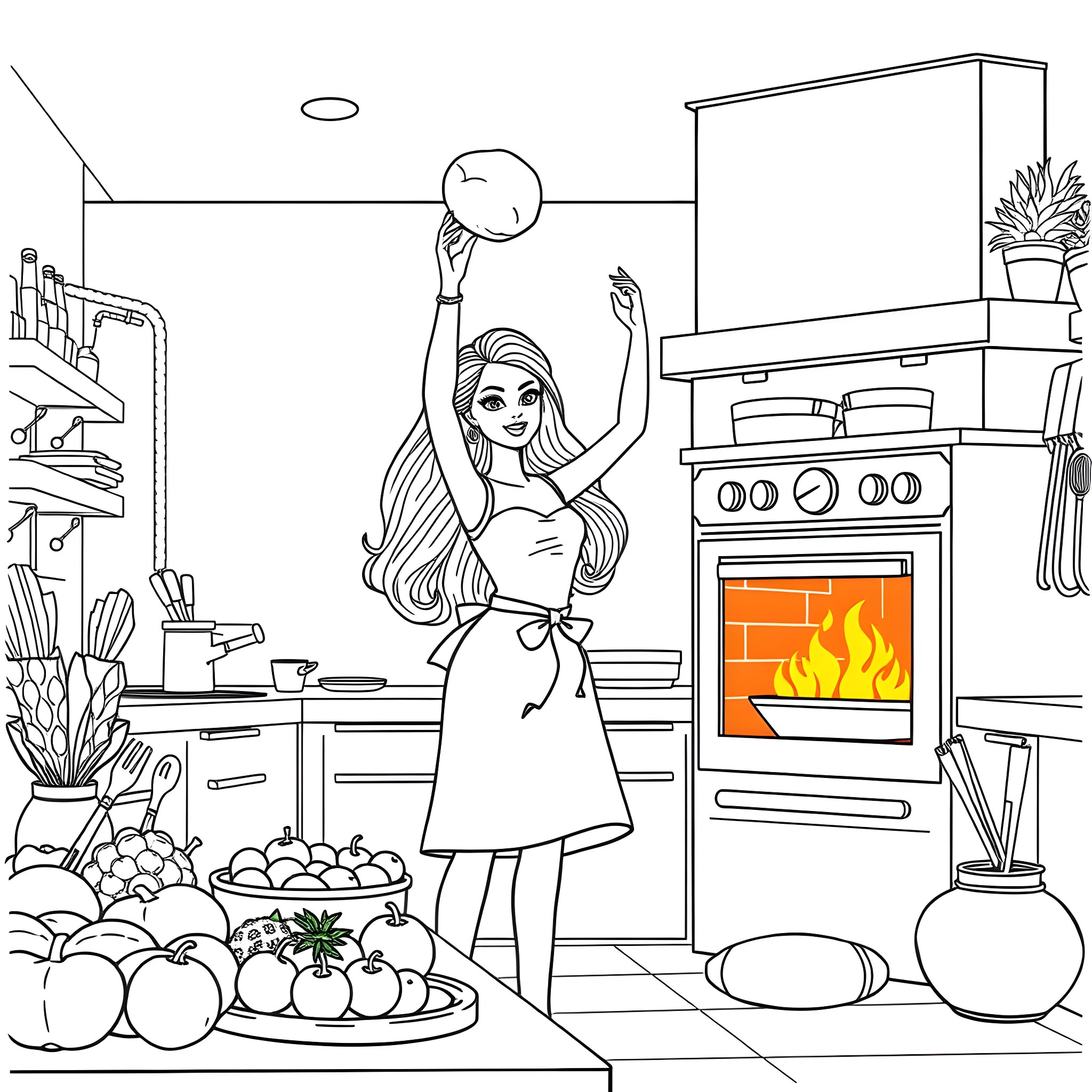 Barbie Cooks up a Culinary Delight Coloring Page (free black-and-white line drawing printable PDF for all, from beginners to advanced learners, including children, teens, adults, and seniors)