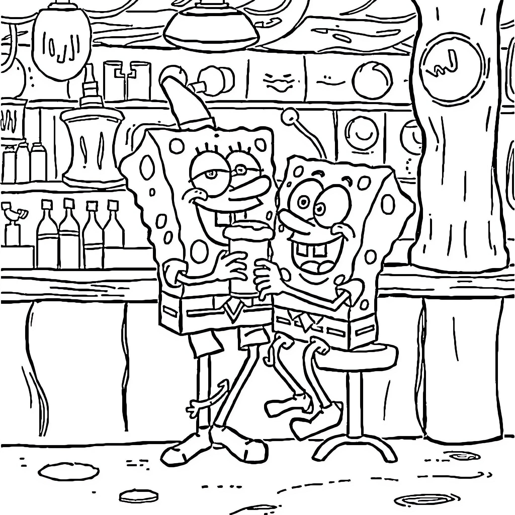 Spongebob and Patrick in wacky kitchen adventure Coloring Page (free black-and-white line drawing printable PDF for all, from beginners to advanced learners, including children, teens, adults, and seniors)