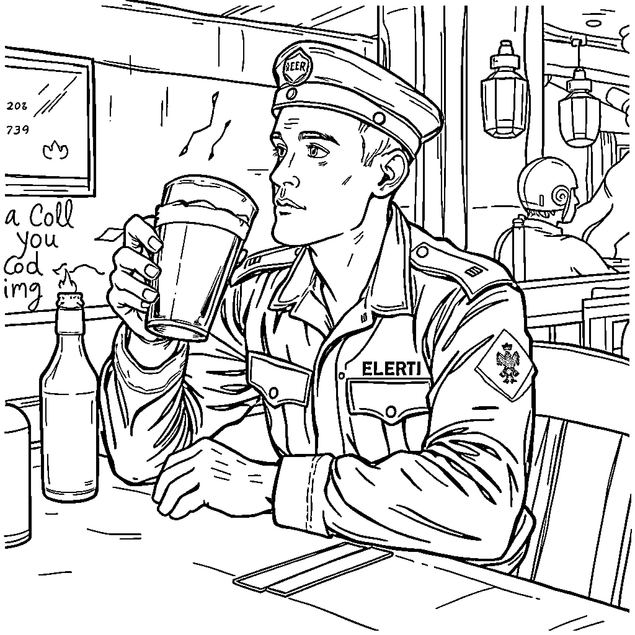 Pentathlete in thoughtful pose at a desk Coloring Page (free black-and-white line drawing printable PDF for all, from beginners to advanced learners, including children, teens, adults, and seniors)