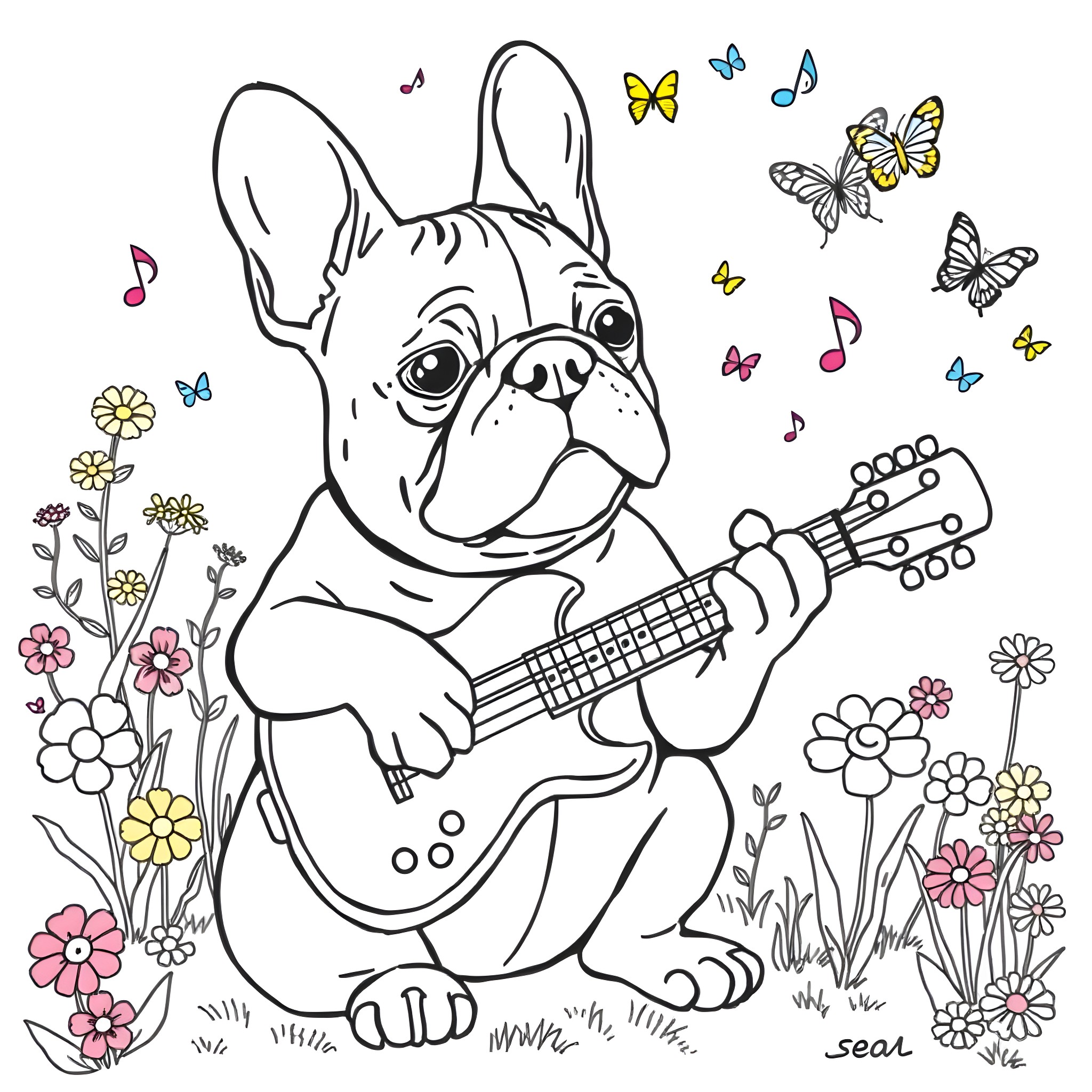 Frenchie playing happily with butterflies and guitar in the garden Coloring Page (free black-and-white line drawing printable PDF for all, from beginners to advanced learners, including children, teens, adults, and seniors)