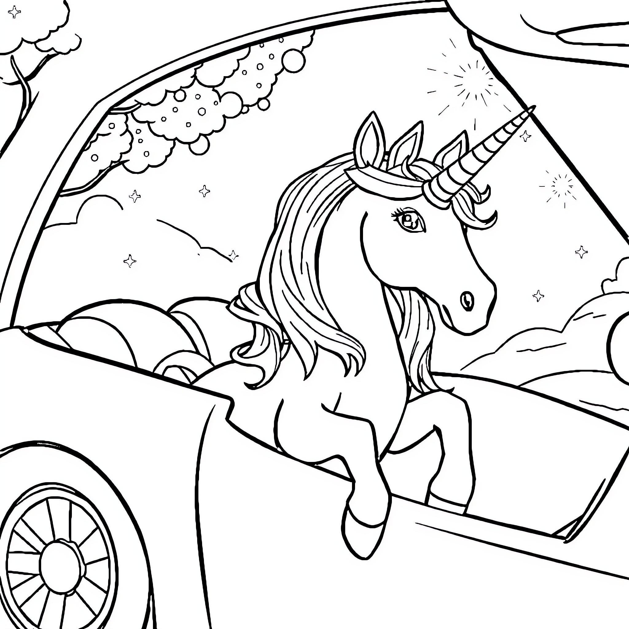Unicorn riding in a magical carriage Coloring Page (free black-and-white line drawing printable PDF for all, from beginners to advanced learners, including children, teens, adults, and seniors)