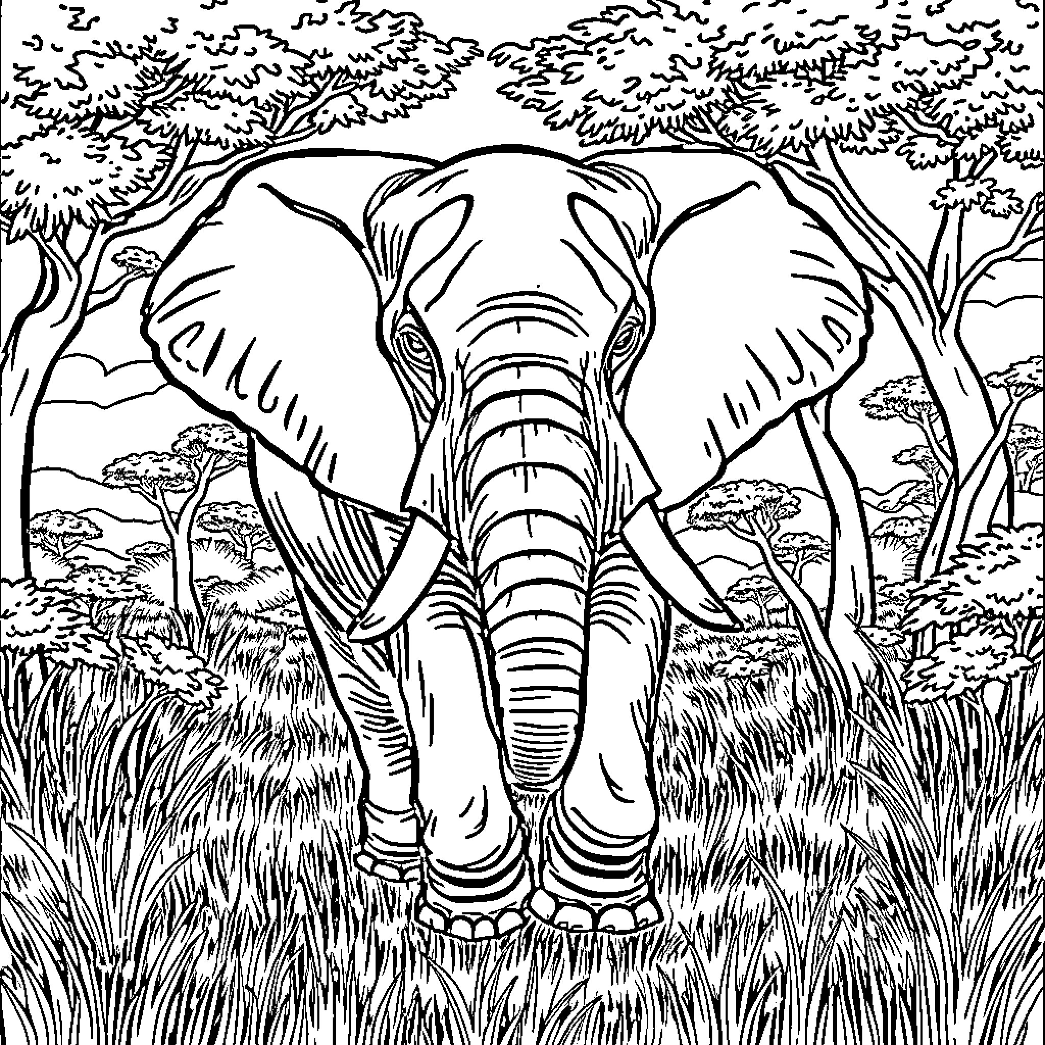 Elephant in the Serene African Wilderness Coloring Page (free black-and-white line drawing printable PDF for all, from beginners to advanced learners, including children, teens, adults, and seniors)