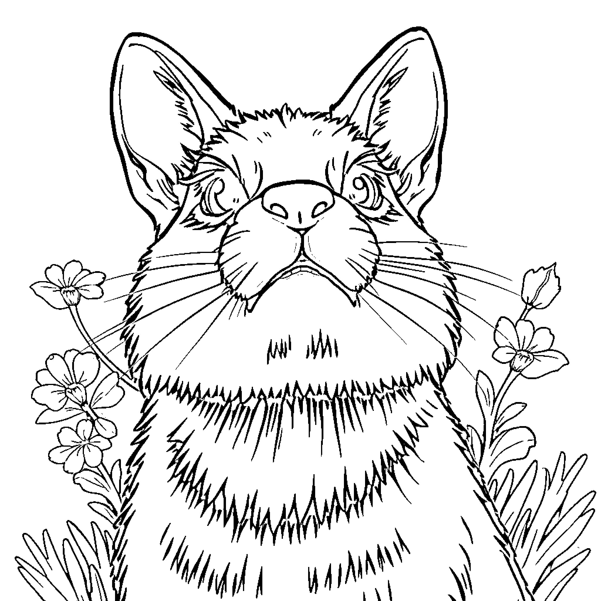 Dog enjoying flowers in the garden Coloring Page (free black-and-white line drawing printable PDF for all, from beginners to advanced learners, including children, teens, adults, and seniors)