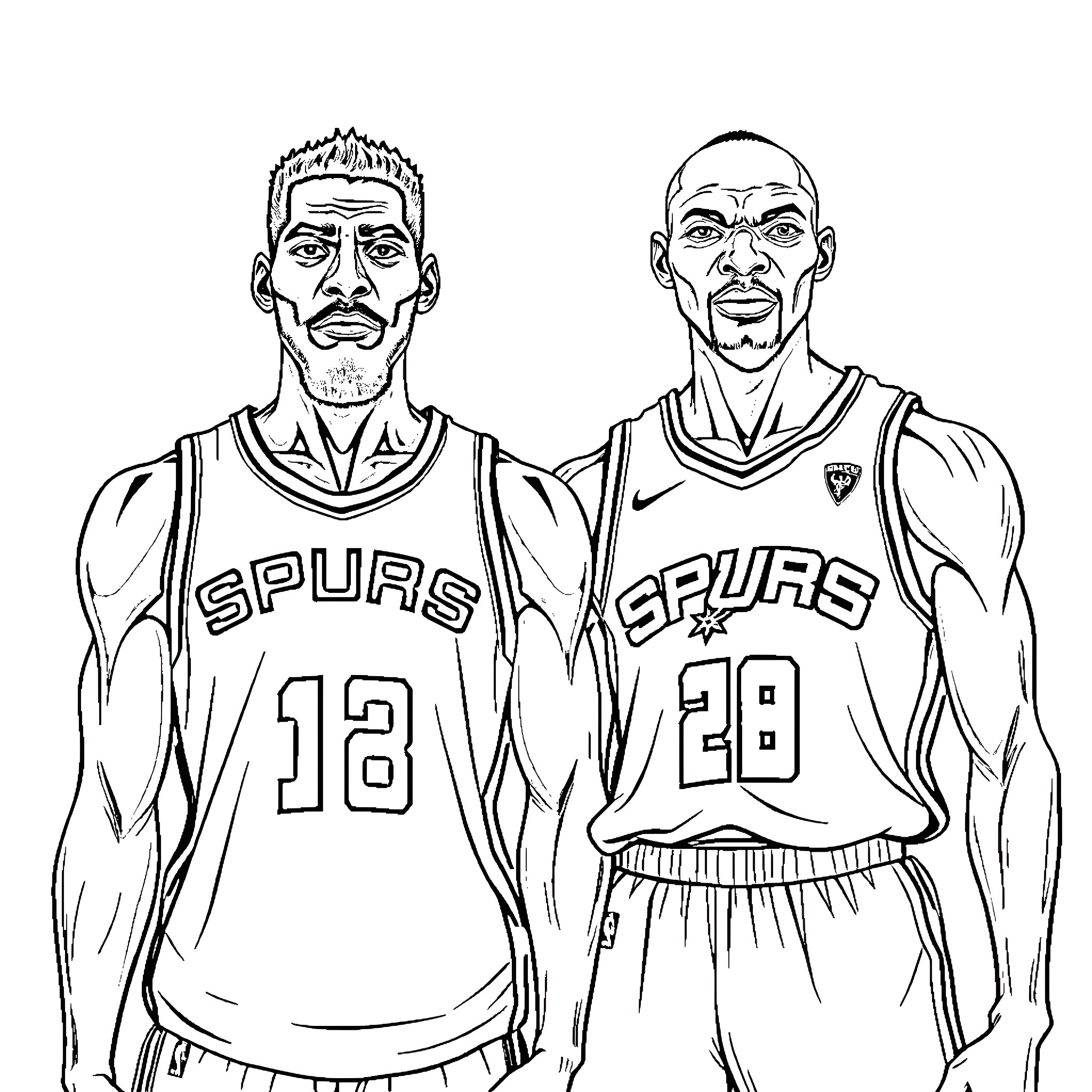 Giannis Antetokounmpo and teammate in basketball jerseys Coloring Page (free black-and-white line drawing printable PDF for all, from beginners to advanced learners, including children, teens, adults, and seniors)