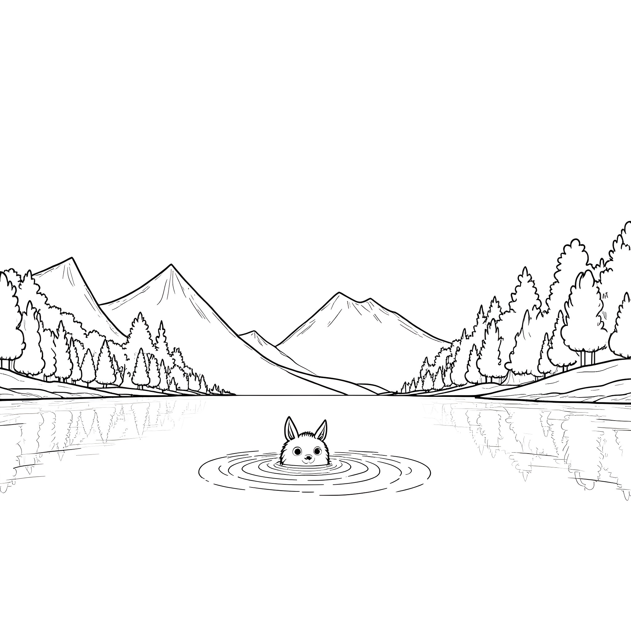 Princess swimming playfully in a serene lake Coloring Page (free black-and-white line drawing printable PDF for all, from beginners to advanced learners, including children, teens, adults, and seniors)