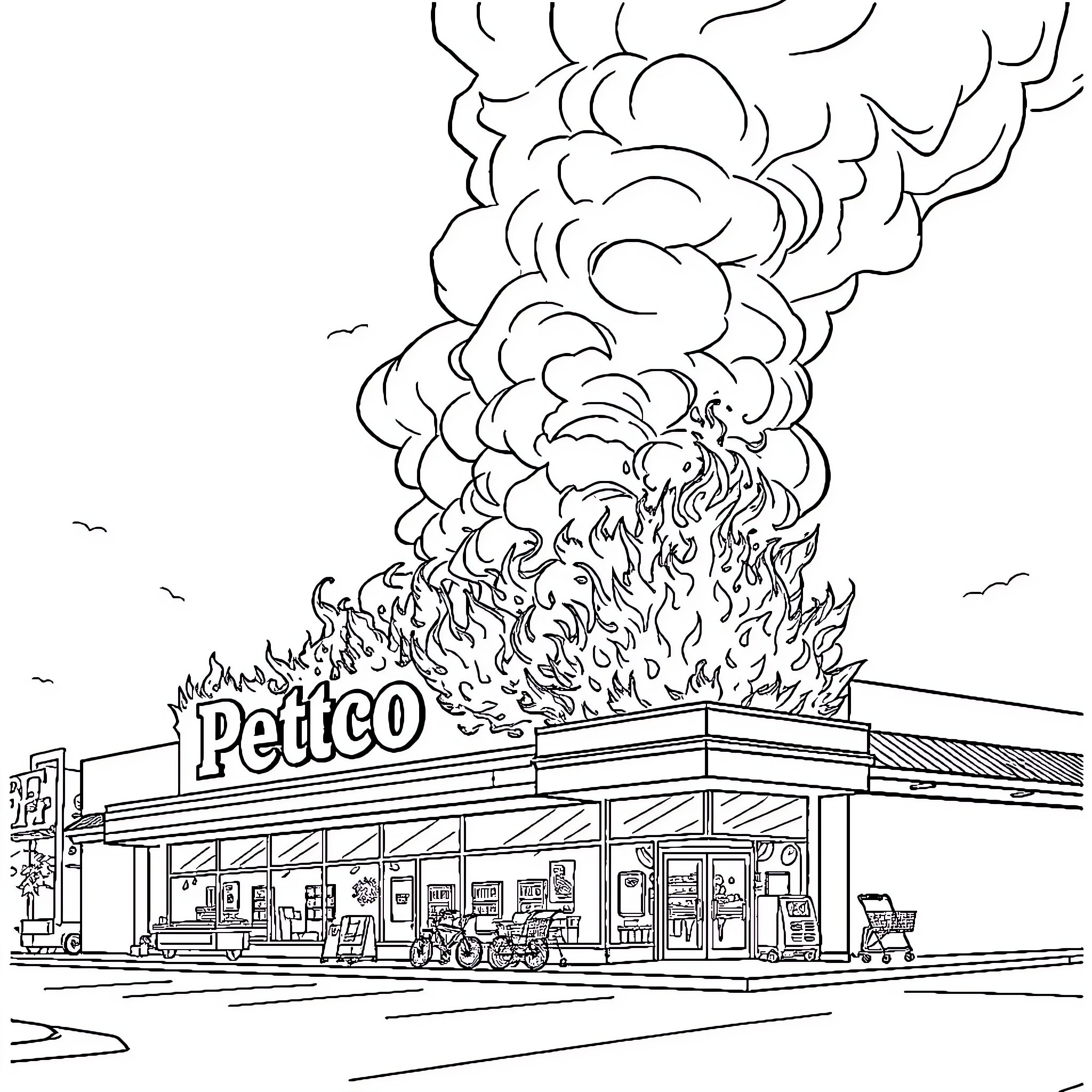 Petco store with dramatic smoke plume Coloring Page (free black-and-white line drawing printable PDF for all, from beginners to advanced learners, including children, teens, adults, and seniors)