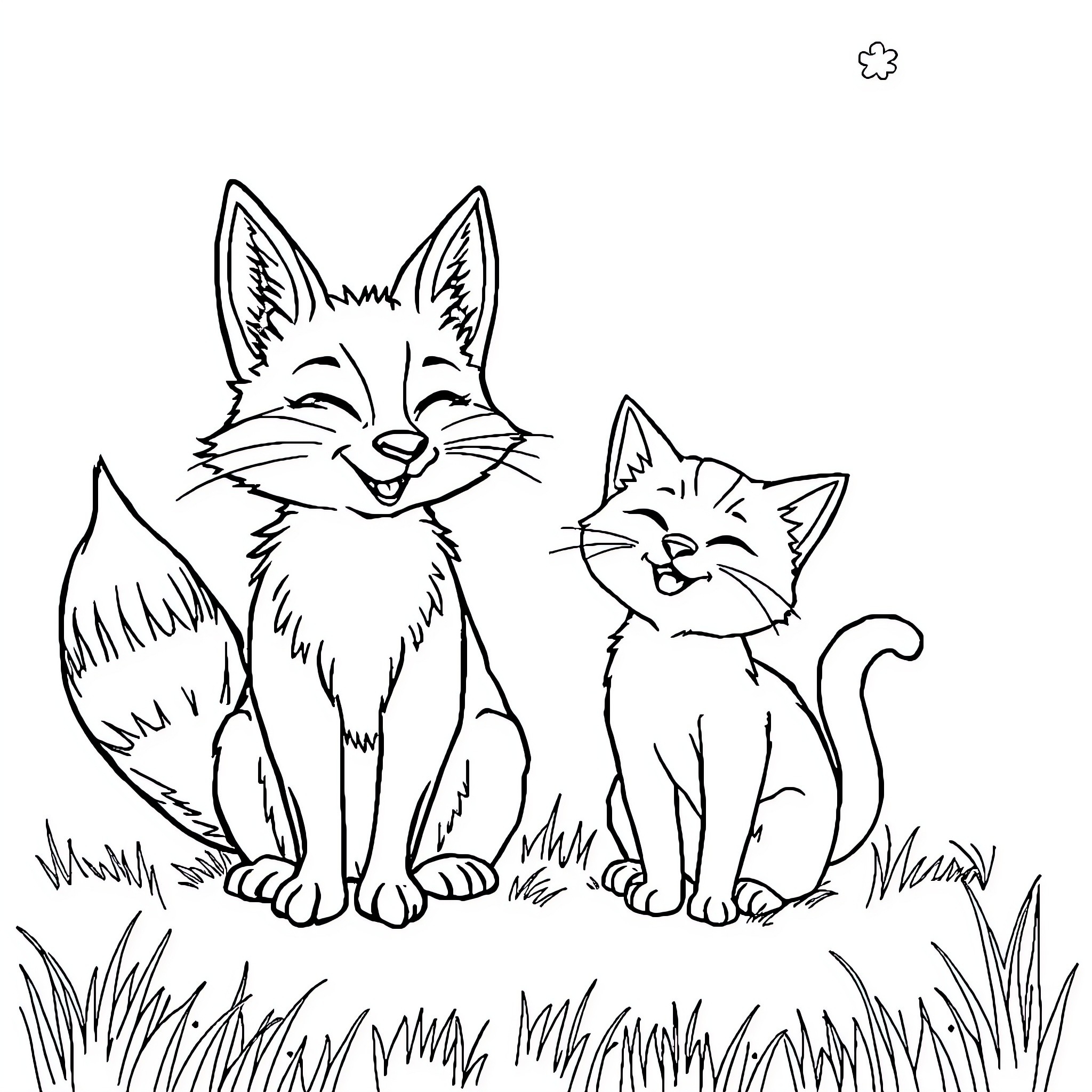 Fox and Kitten Playing in the Grass Coloring Page (free black-and-white line drawing printable PDF for all, from beginners to advanced learners, including children, teens, adults, and seniors)