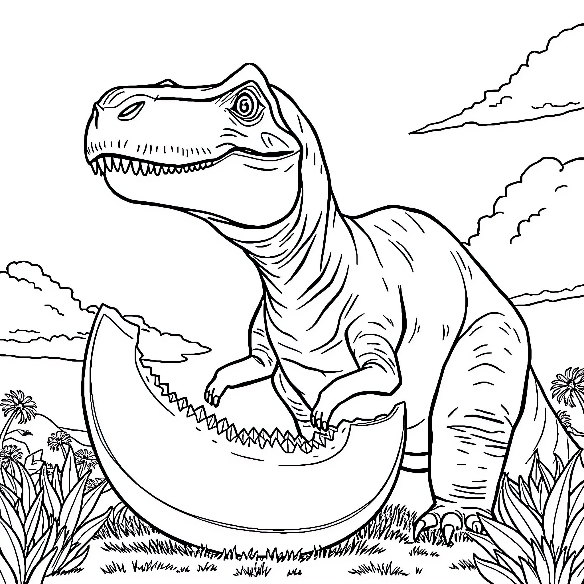 Dinosaur exploring lush prehistoric landscape Coloring Page (free black-and-white line drawing printable PDF for all, from beginners to advanced learners, including children, teens, adults, and seniors)